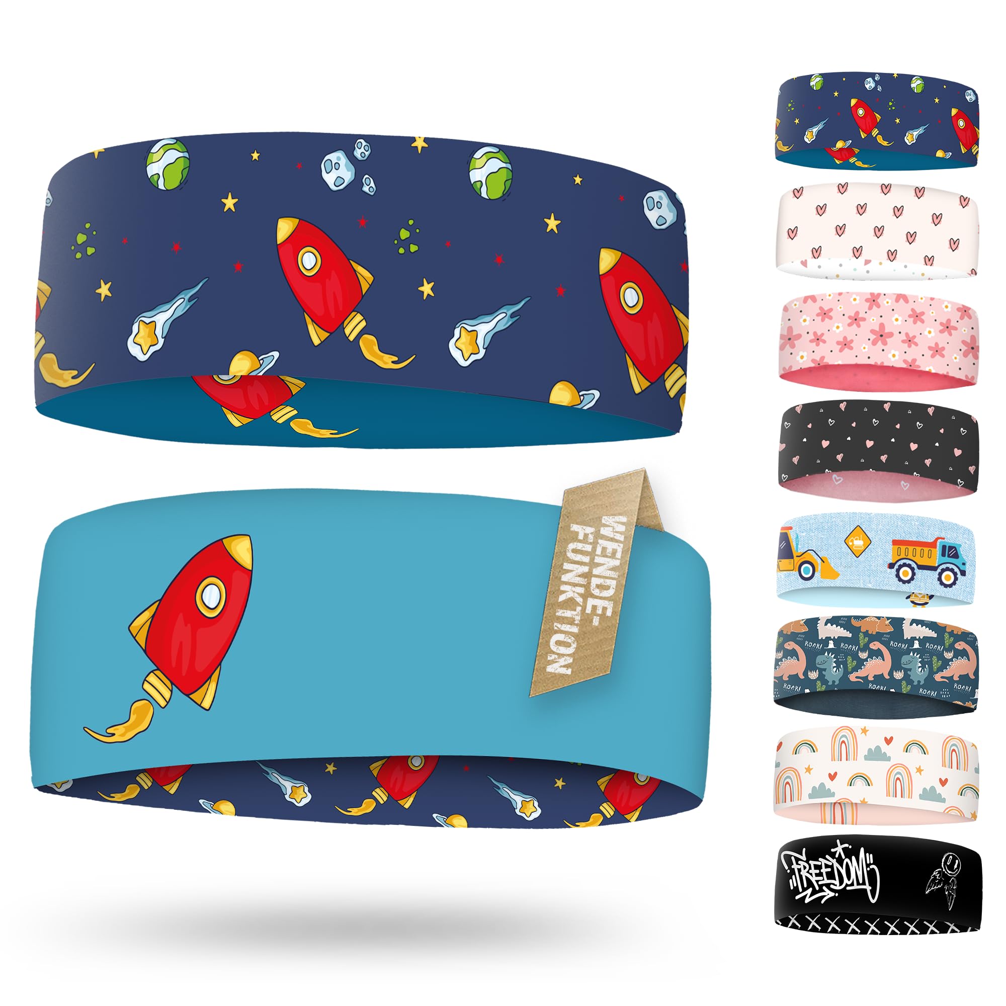 Dünnes Stirnband Kinder mit Wendefunktion - ultraleichtes Sport Stirnband für Jungen und Mädchen - elastisch & atmungsaktiv unter dem Helm - Kinder Stirnband 2-8 Jahre (Weltraum)