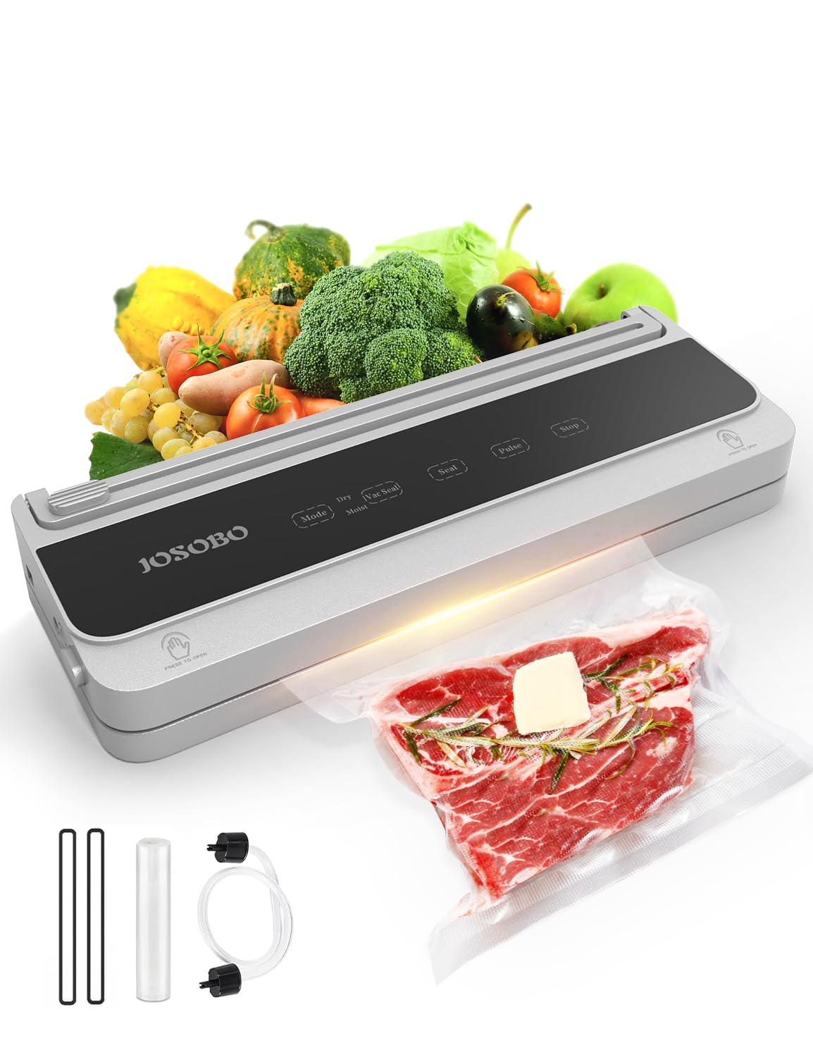 Vacuum Sealer Machine, Food Sealer with Powerful Suction (86Kpa), Built-in Cutter & 1 Roll of Vacuum Storage Bags & Air Suction Hose, Vacuum Sealer for Sous Vide and Food Storage, Silver