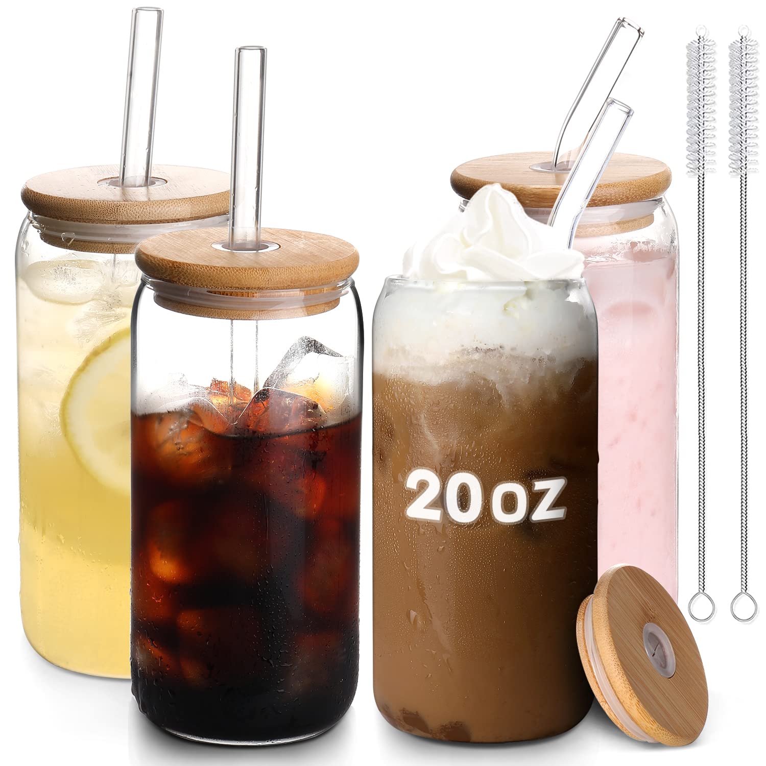 YYC Glass Cups with Lids and Straws 4pcs Set-20oz Drinking Glasses with Bamboo Lid and Straw,Iced Coffee Cup,Beer Can Shaped Glass Cups,Cute Glass Coffee Cups for Coffee Bar Accessories