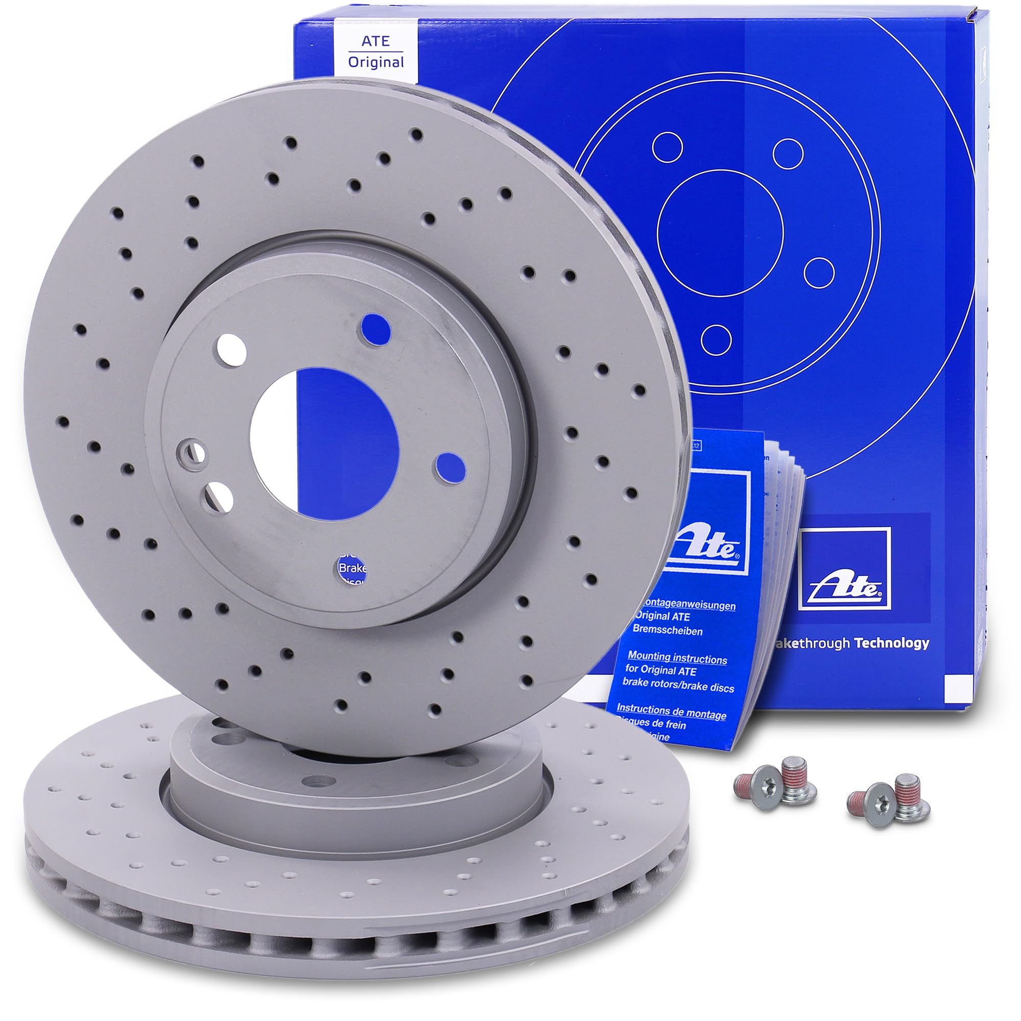 ATE Set freni asse anteriore + dischi freno anteriori ¯ 295mm ventilati perforati e pastiglie freno ceramiche anteriori + contatto di usura Compatibile con MERCEDES Classe A, Classe B, CLA, Classe GLA