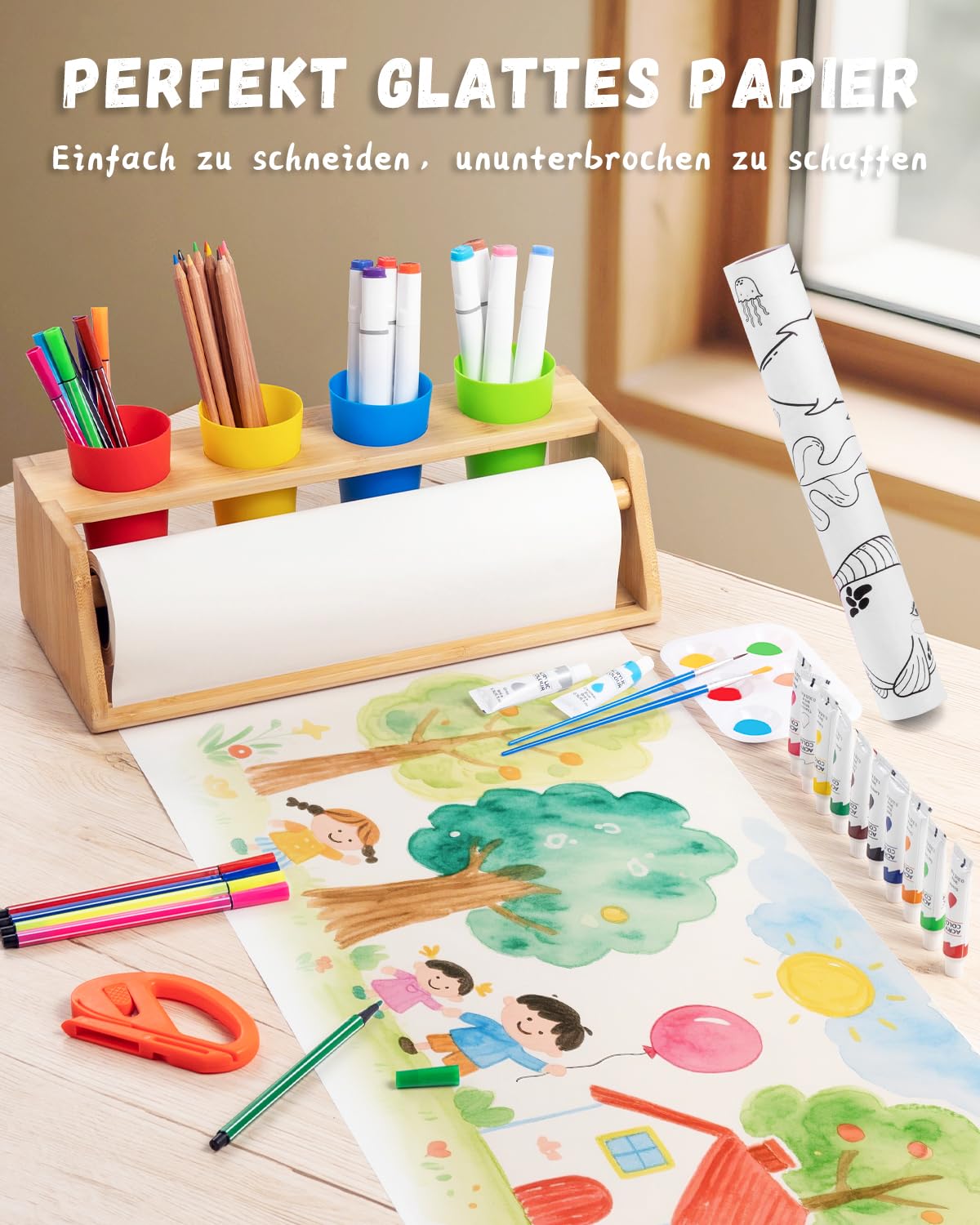 Tisch Malpapier Kinder Maltischdecke mit Holzhalter – Rutschfestes Kreativ-Set mit Farben, Pinseln & Papierrolle Malen Kinder – 35-teilig – Fördert Selbstständigkeit in Schule & Zuhause