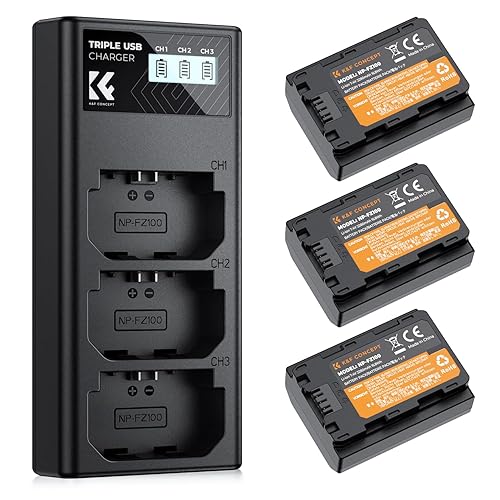 K&F Concept NP-FZ100 Battery and Three Slot Charger, 3-Pack Replacement Battery for Sony A7iii, A7iv, A7C, FX3, FX30, A9, A6600, A6700, ZV-E1, ZV-E10ii, Alpha 9, A9S, A7R III, A7R IV, A7R V, 2280mAh