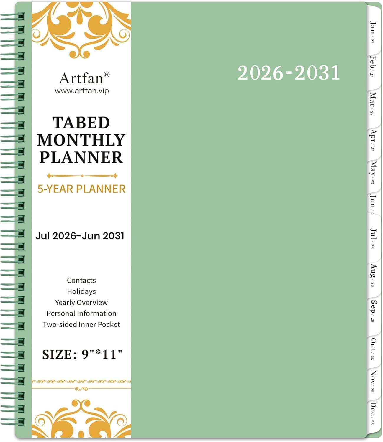 2026-2031 Monthly Planner/Monthly Calendar - 5 Year monthly Planner, Jul. 2026 - Jun. 2031, 9" x 11", Double-Side Pocket + Durable Polypropylene Cover - Sage Green