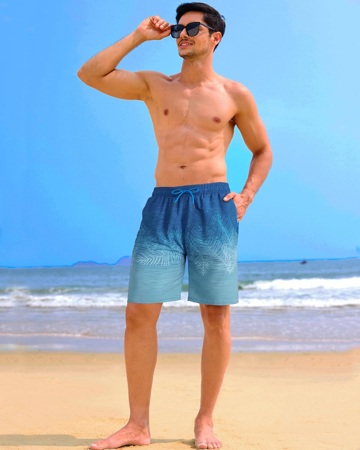 APTRO Men's Swimming Trunks, Long Swimming Shorts with Mesh Lining, Quick-Drying Board Shorts with Zip Pockets, Sports Shorts Blue Leaves 3 XL
