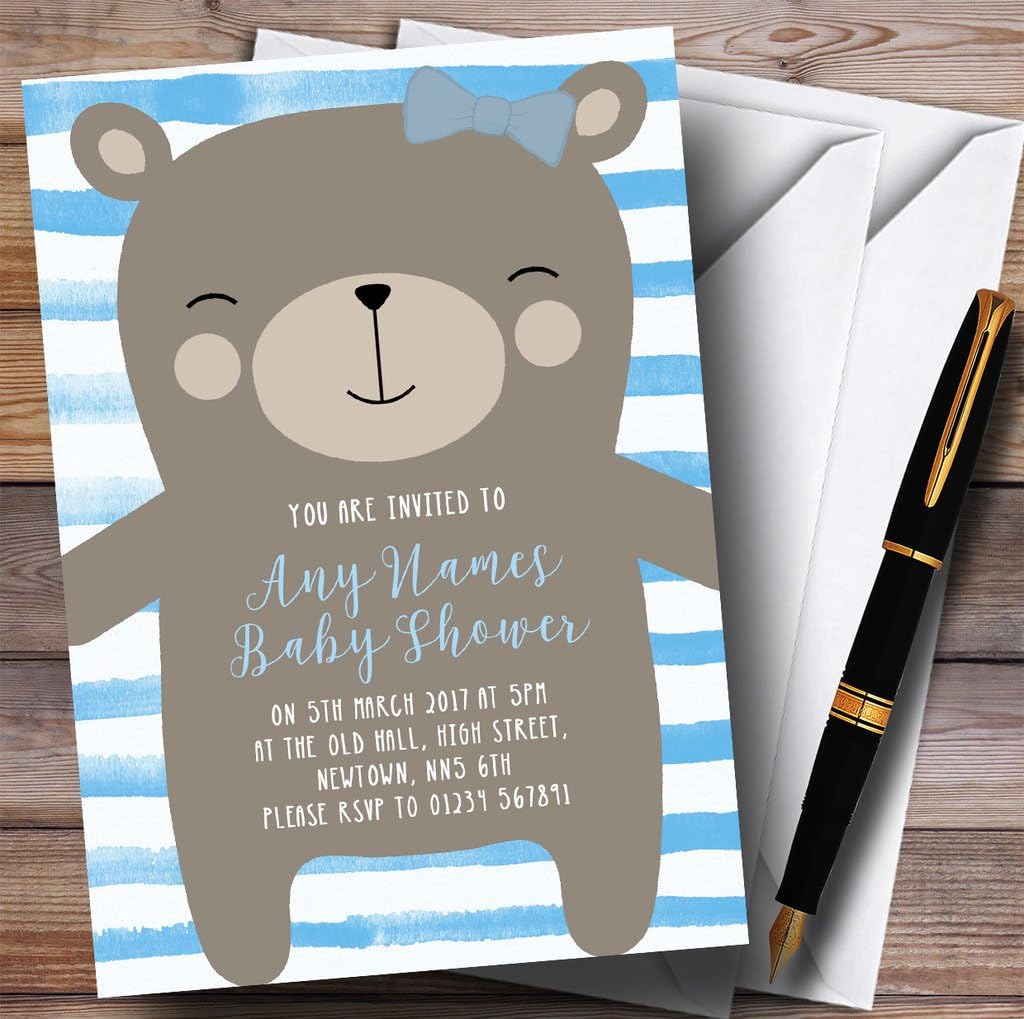 Large Teddy Bear Blue Invitations Baby Shower Invitations