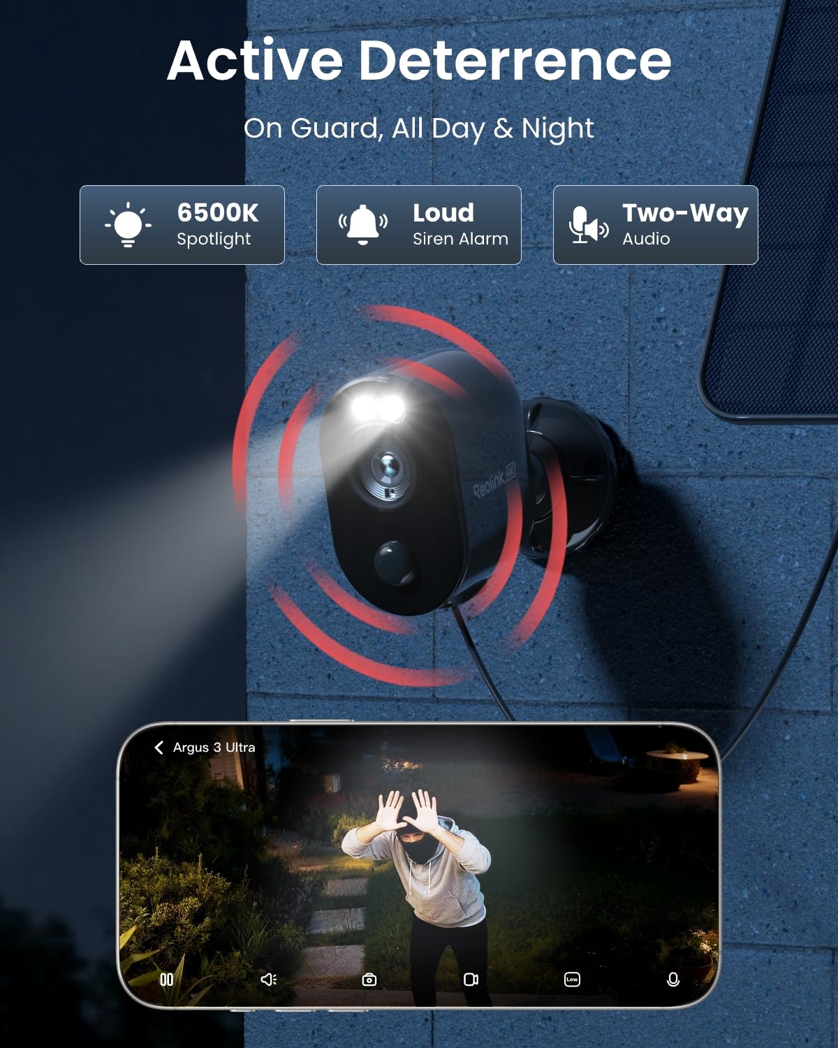 Reolink Kamera Zewnętrzna Smart, Kolorowa Noktowizja 4K, Wykrywanie Ludzi/Pojazdów, WiFi Dual-Band 2.4/5Ghz, Bezprzewodowa, Zasilanie Bateryjne/Solarne, Argus 3 Ultra z Panelem Słonecznym Czarny