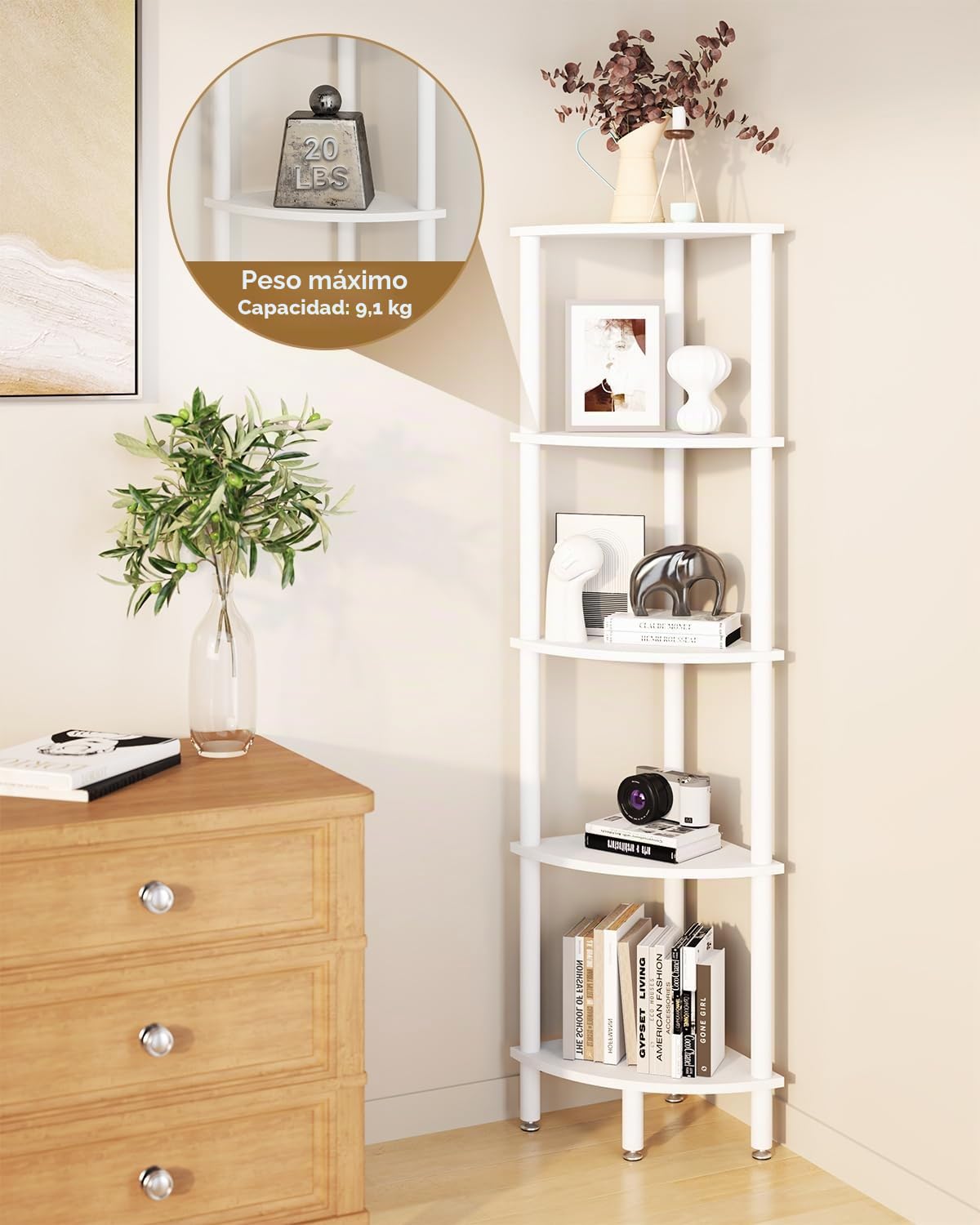 IBUYKE 5 Tier Corner Shelf Stand,Industrial Corner Display Rack,Corner Bookshelf for Living Room, Bedroom, Kitchen, Home Office, White WBC010W