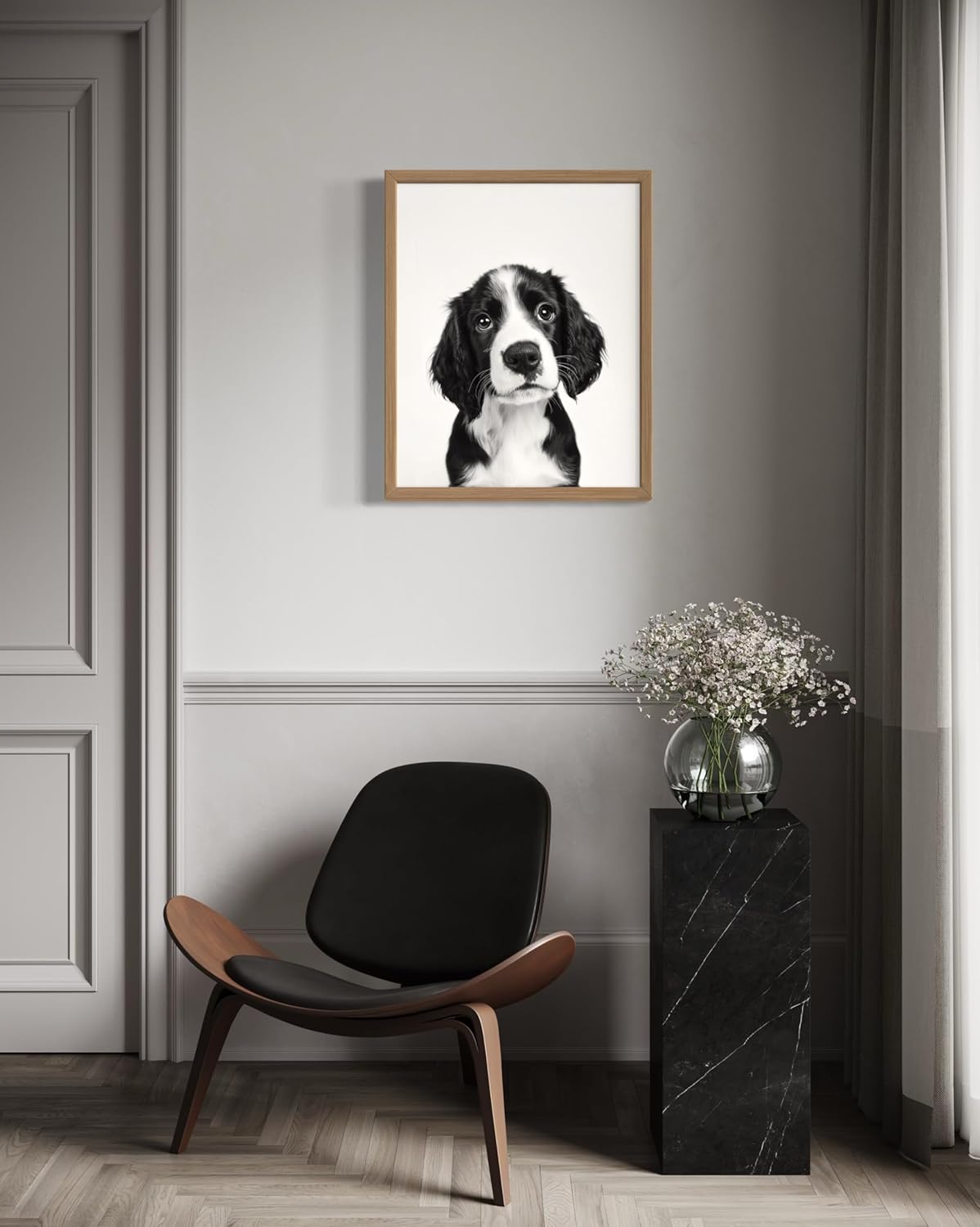English Springer Spaniel Wall Art Print Poster, Puppy Pet Animal Gifts Black and White Picture Painting Puppies Kid's Childrens Room Bathroom Gallery 158B (English Springer Spaniel, 24x36 inches, Wood Frame)