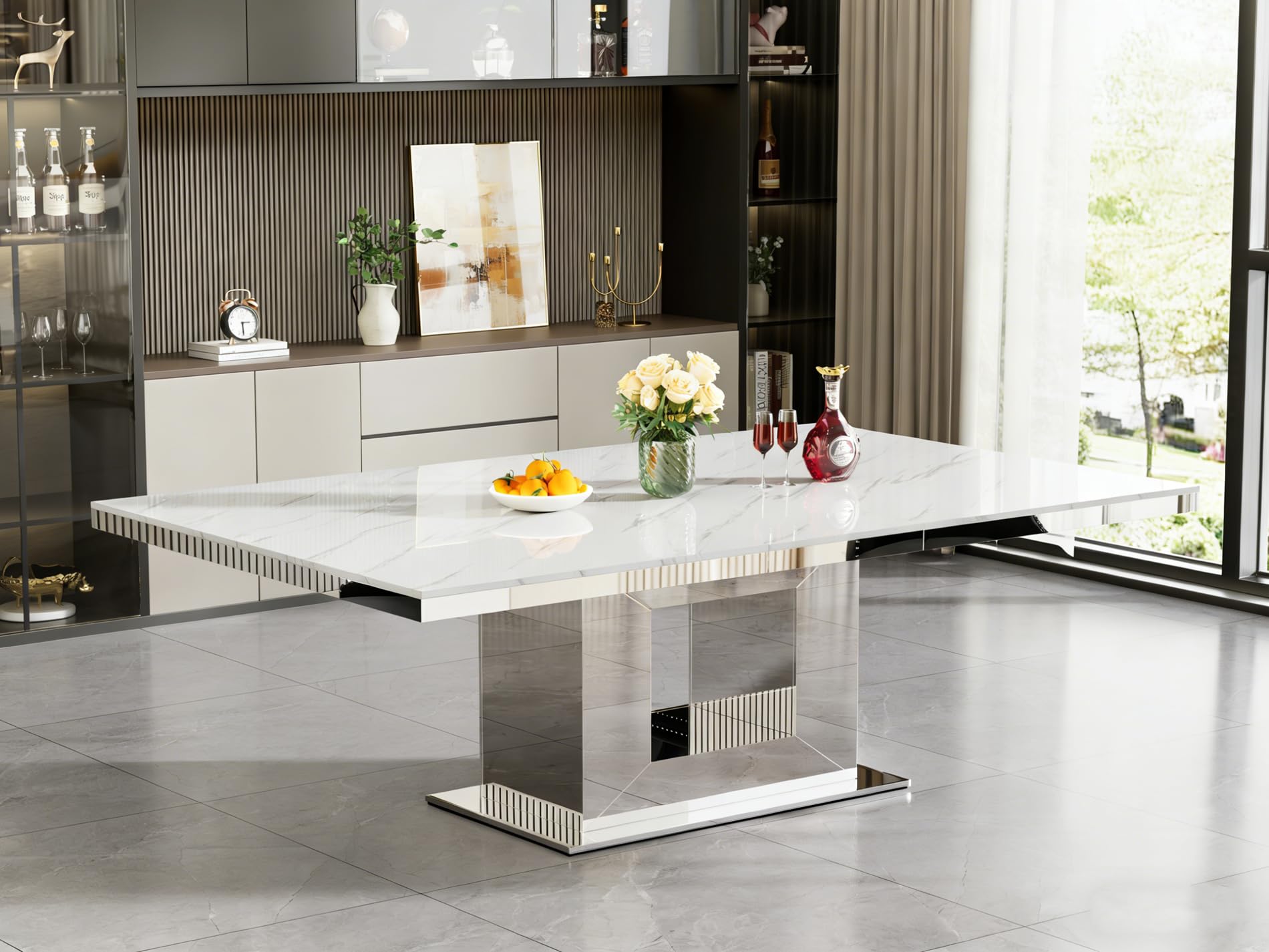 94" Faux Marble Extendable Dining Table for 6 8 10,Mirrored U Base