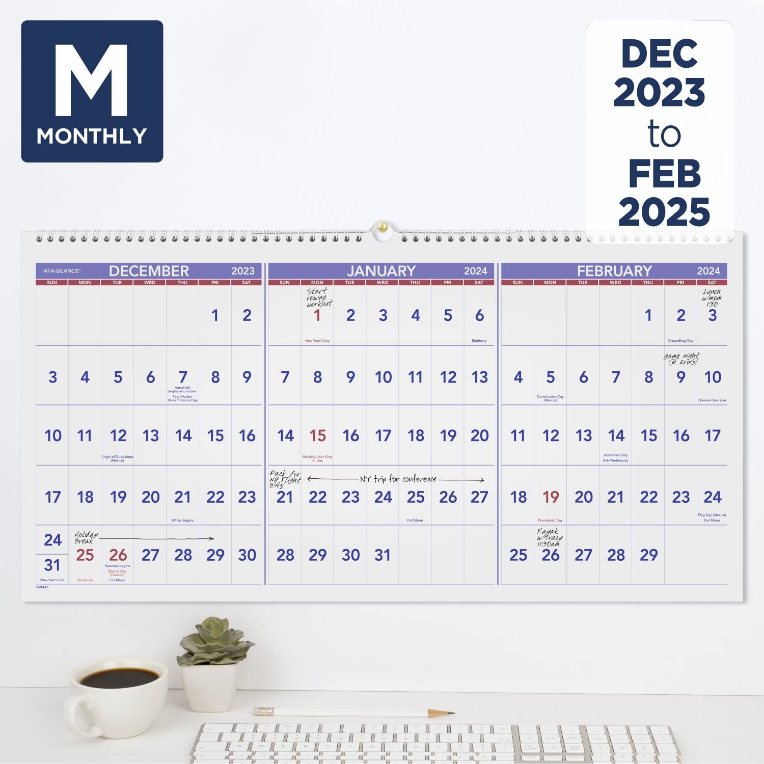 AT-A-GLANCE 2024 Wall Calendar, 24" x 12", Large, Horizontal, 3-Month Reference, Wirebound (PM142824)