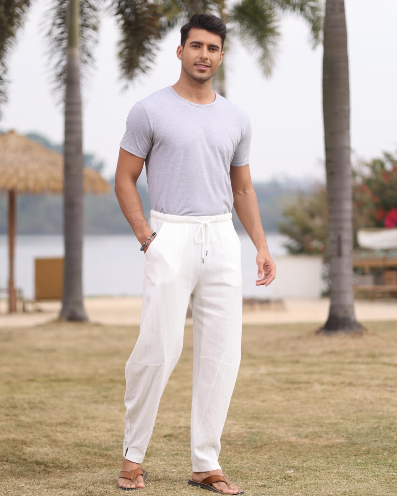 LAOARA Pantaloni di Lino da Uomo Pantaloni Leggeri Estivi Casual Pantaloni Elasticizzati in Vita Pantaloni da Spiaggia Yoga