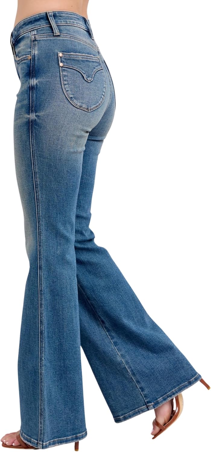 Judy Blue Mid Rise Tummy Control Vintage Wash Back Shield Pocket Flare, Inseam 33" - Image 7