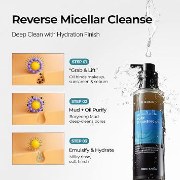 BRMUD Deep Melting Mud Pore Cleansing Oil - Gentle Facial Oil Cleanser for Make Up, Excess Sebum & Impurities with Boryeong Mud & Sunflower Seed - Vegan & Non-Comedogenic Korean Skin Care 6.76 fl oz