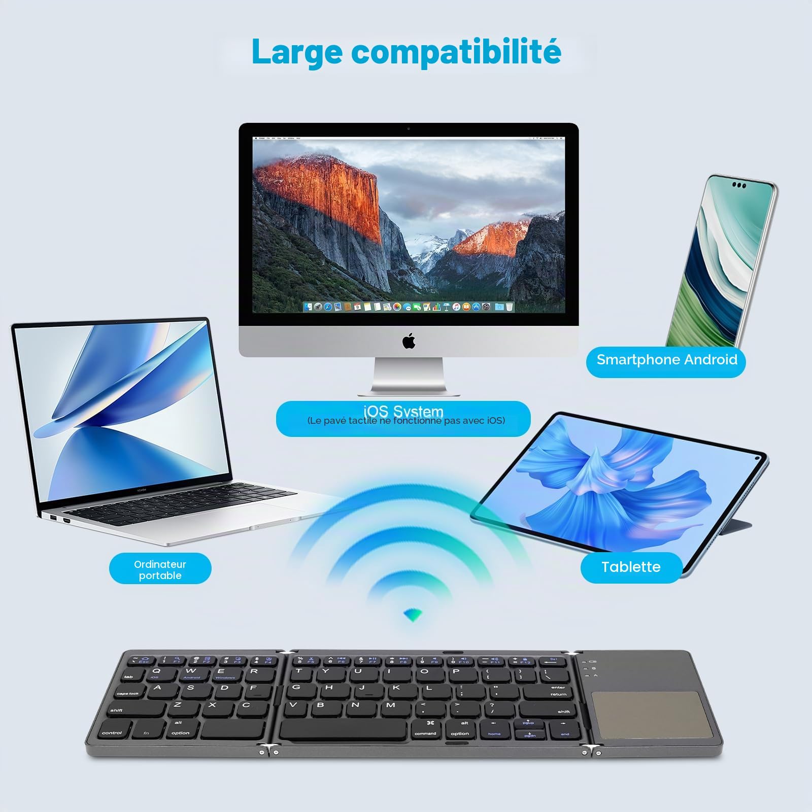 AURTEC Clavier Bluetooth Pliable avec Touchpad Sans Fil, Mini Portable Rechargeable pour PC, Tablette, Android, Smartphone