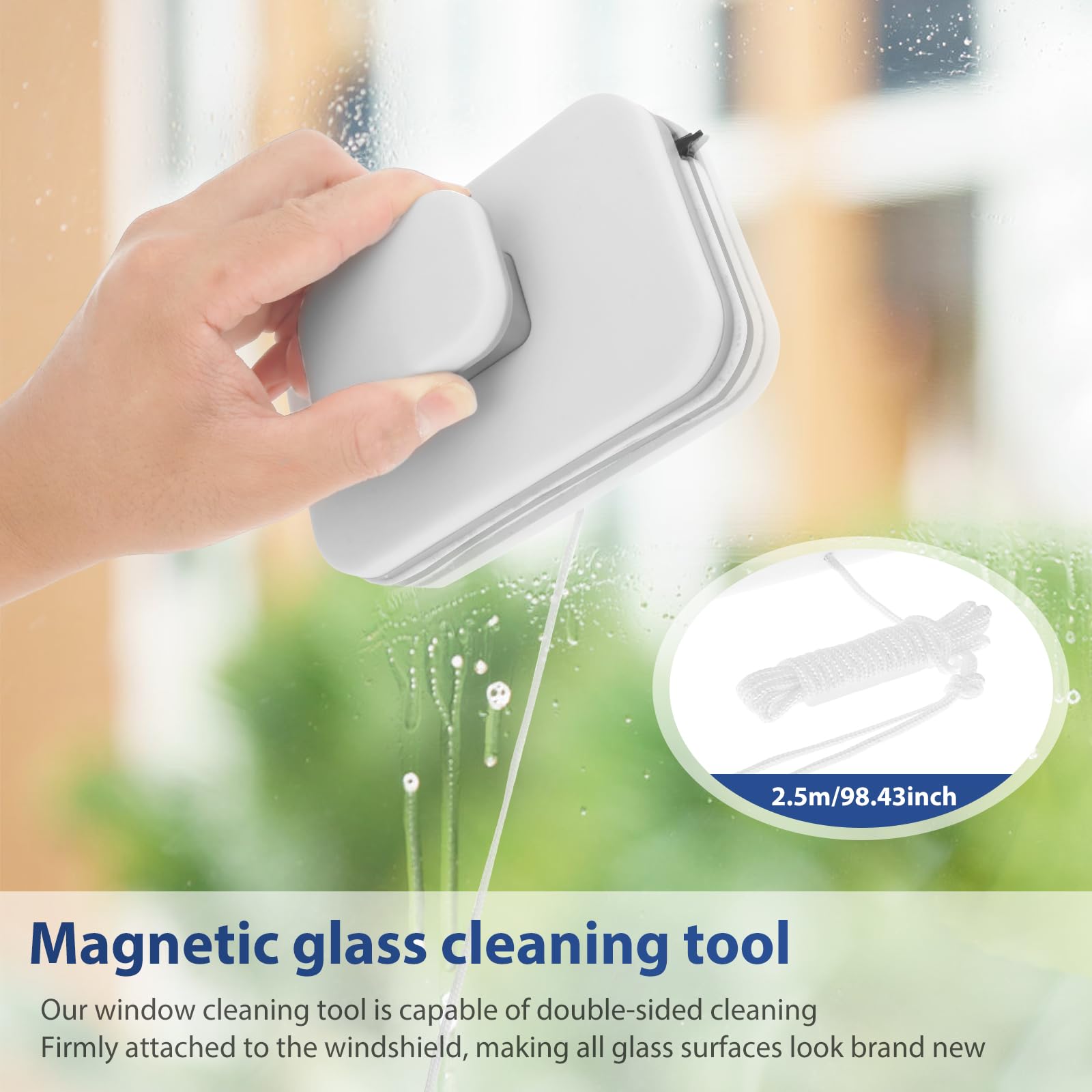 FALESOUL Magnetic Windshield Cleaner Tool, Double-Sided Window Cleaner Glass Wiper, Magnetic Windshield Cleaner for High Rise Car Glazed with Anti Falling Rope (0.31-0.59 inch Glass)