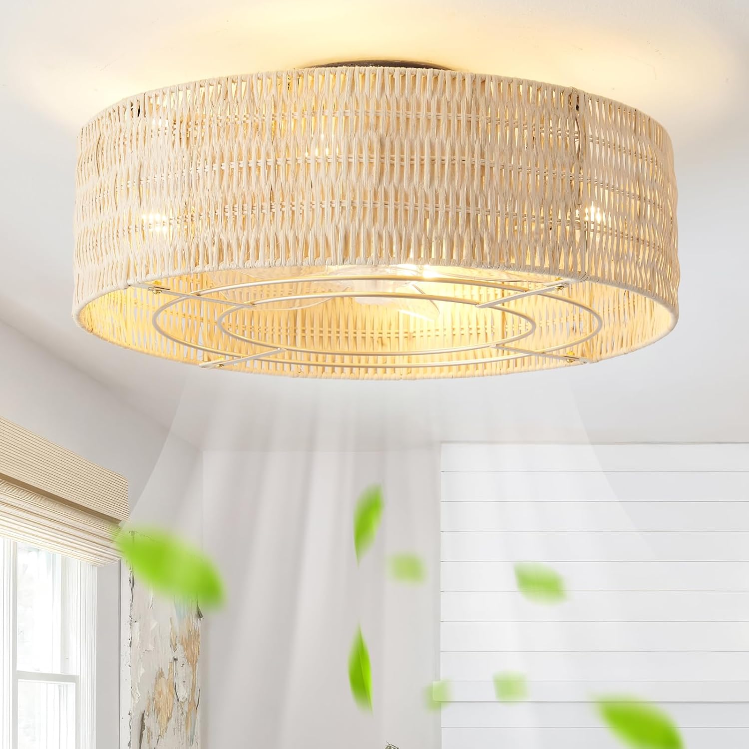 Low Profile Ceiling Fans with Lights, 20 Boho Rattan Ceiling Fan with Light Flush Mount and Remote Control, Drum Caged with 6 Speeds for Bedroom, Nursery, Living Room (Beige)