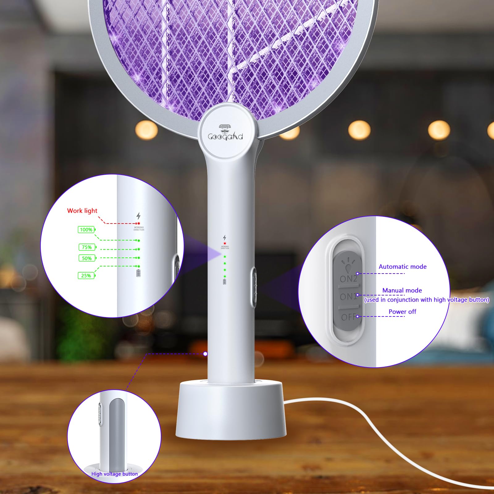 WOCVRYY 4000V Raquette Moustique Electrique 1800mAh 3 En 1 Pliable Raquette Electrique Insectes Rechargeable USB C Suspendable 2 Modes Et Lampe UV Attractive Conçue Pour Camping Chambre De Maison
