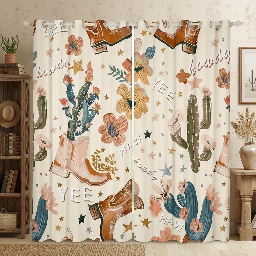 Rideaux de fenêtre de bottes de cowboy occidentaux chambre taille L fleurs étoilées colorées 2