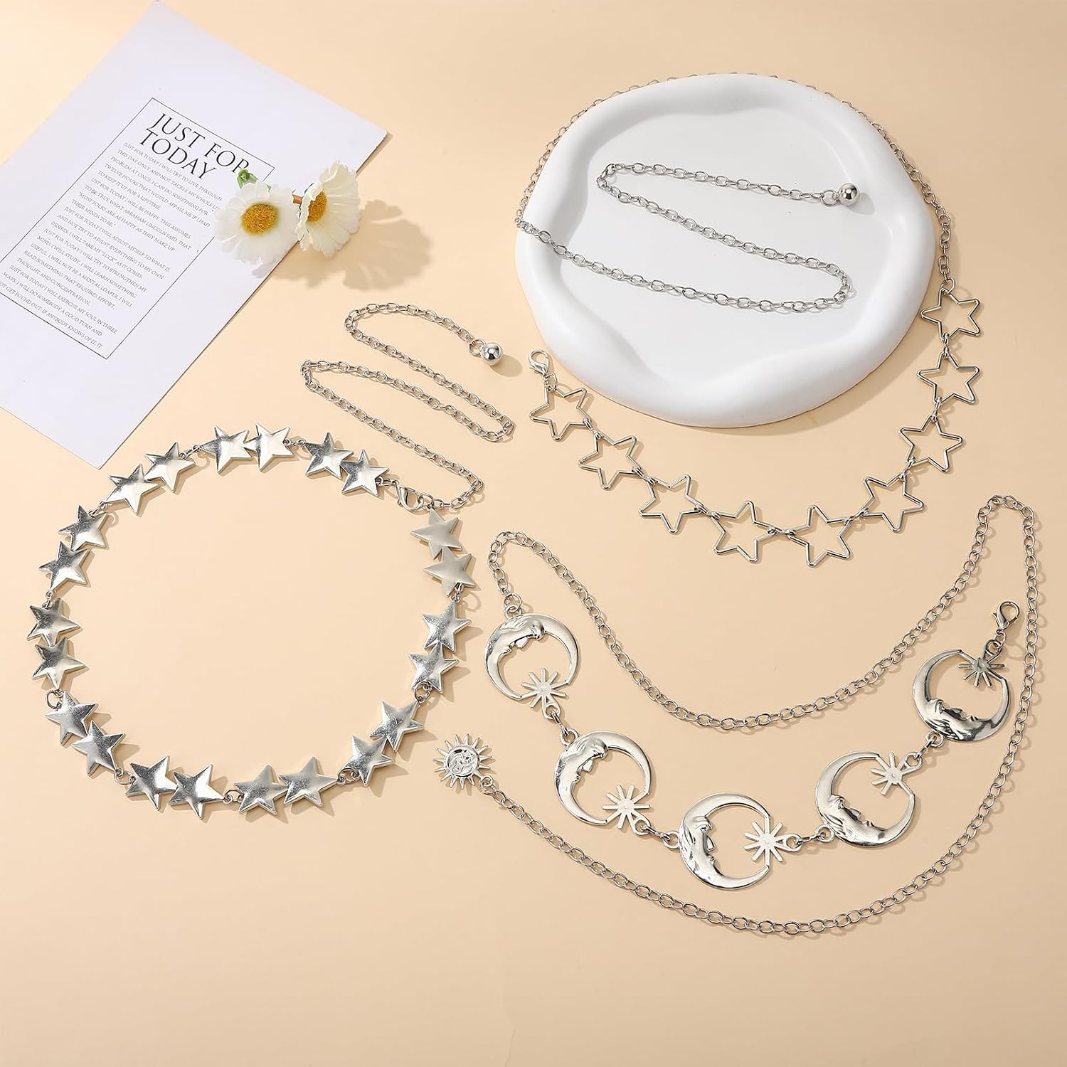 JATEBI 3 Pcs Women Star Silver Waist Chain Belt Multi Layer Metal Chain Belts Adjustable Y2K Accessories Suitable Formal Wear Dresses Jeans