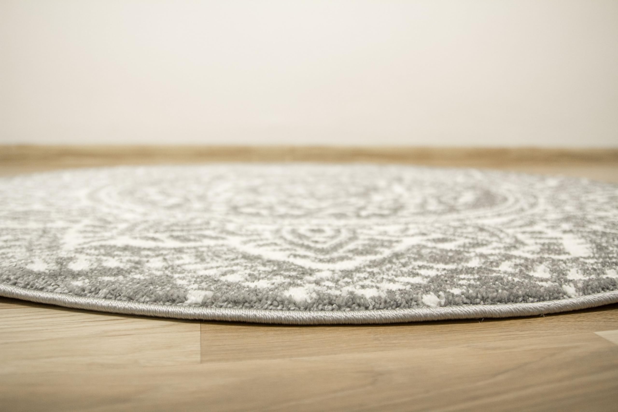 Teppich Runder Muster Mandala Boho 140cm Weiß Grau, moderne Teppiche Wohnzimmer kurzflor, Teppiche Area Gegend, Tepich Schlafzimmer,Bedroom Rug