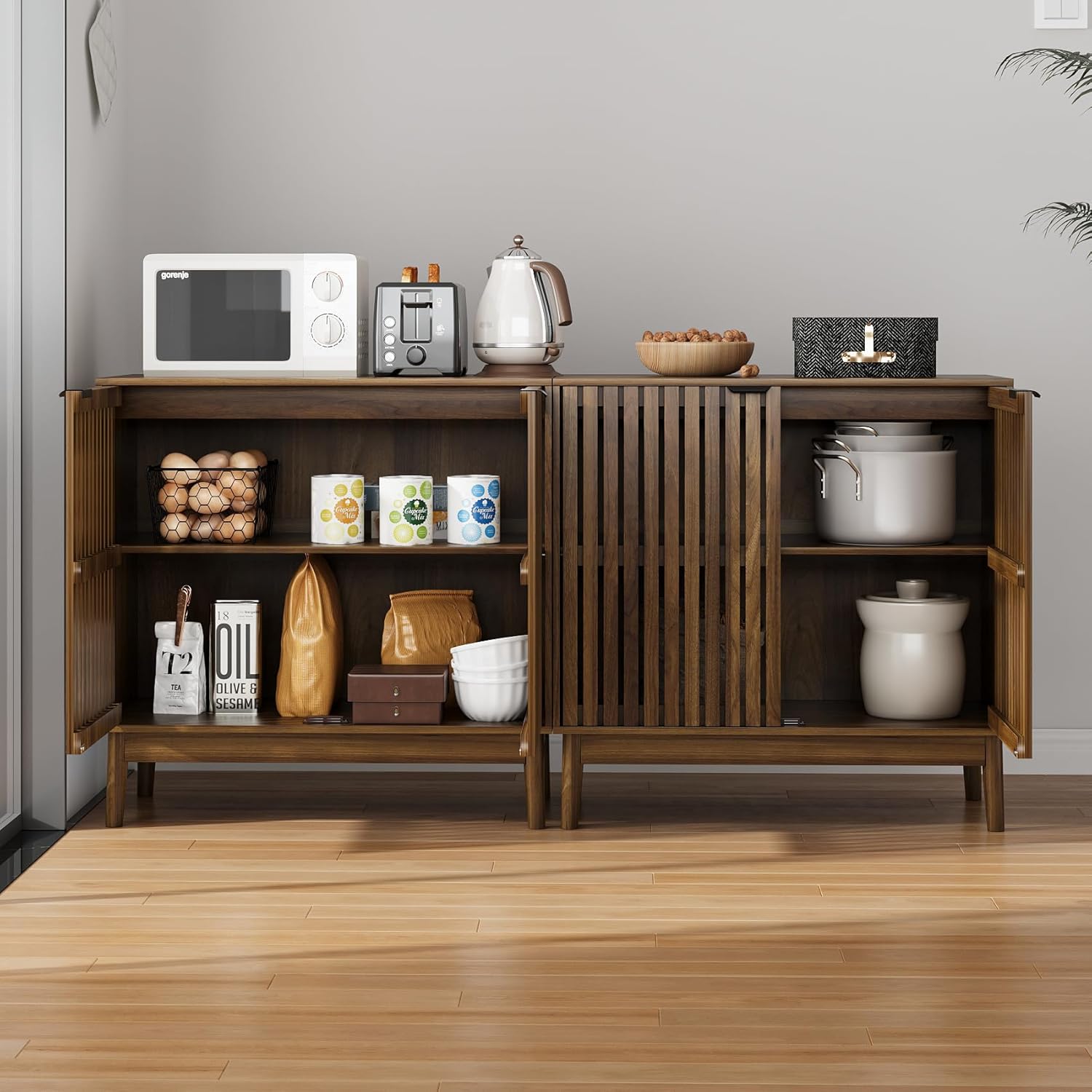 Kiasthome Wooden Sideboard Buffet Cabinet with Slatted Ventilation Doors & Adjustable Shelf, Sideboard Cabinet Storage Cabinet with Ample Storage for Dining Room Entryway (Walnut)