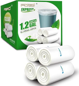 FORID Clear Small Trash Bags, 1.2 Gallon Garbage Bags, Wastebasket Bin Liners 220 Count Plastic Trash Bags for Bathroom Bedro
