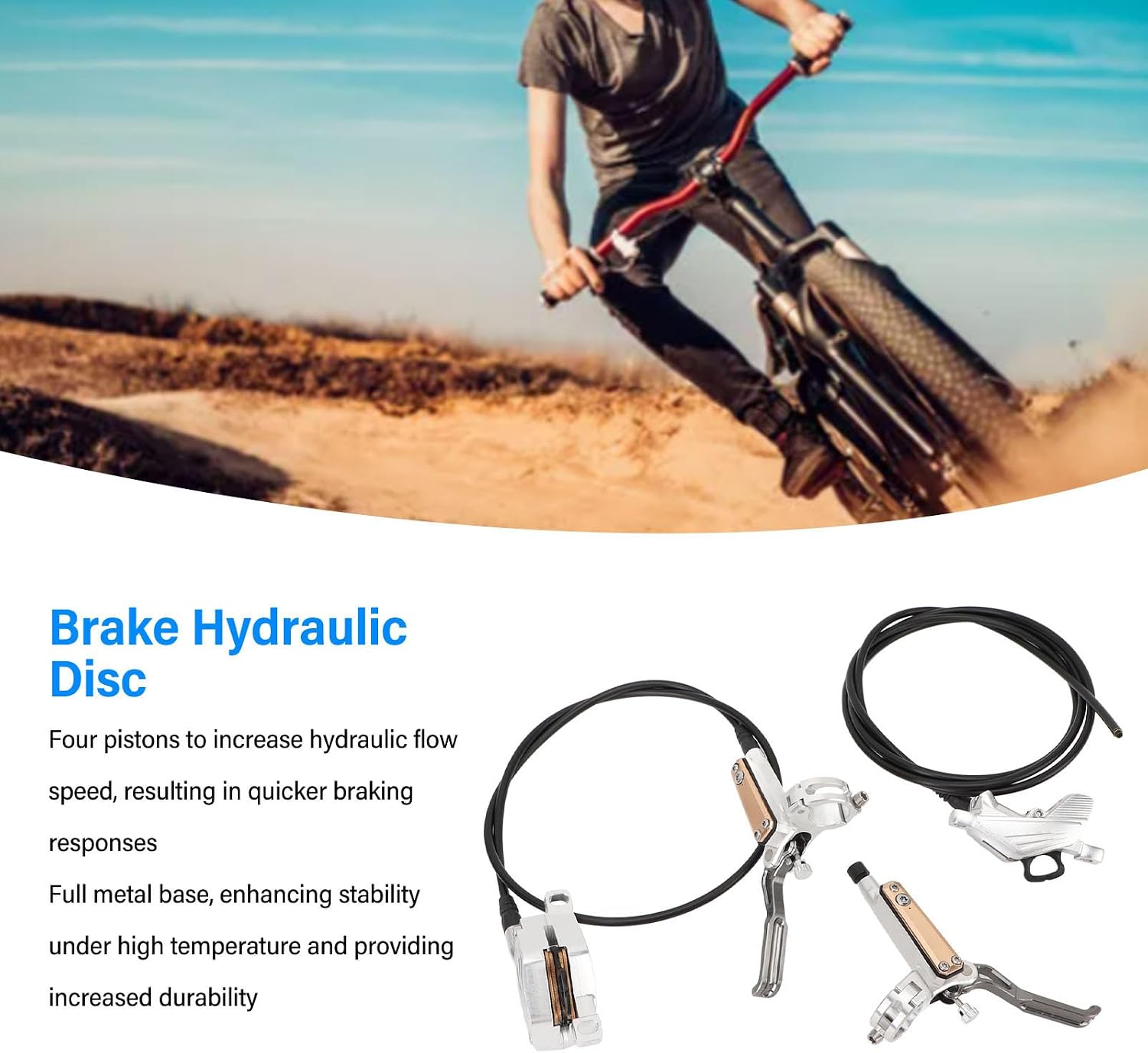 Hydraulic Disc Brake Levers with Calipers, Four Piston Oil Disc Brake for Mountain Bikes with Ergonomic Design, Rear Brake Split