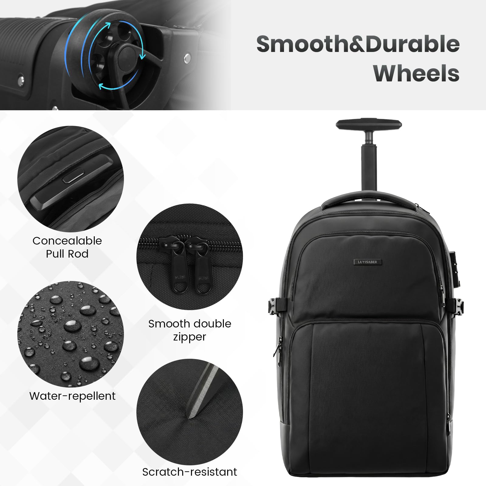 Hivexagon Mochila de Viaje de 37 L con Ruedas, Gran Capacidad, con Cerradura de contraseña, Ruedas silenciosas y duraderas, Correas Ocultas para Viajes o Negocios