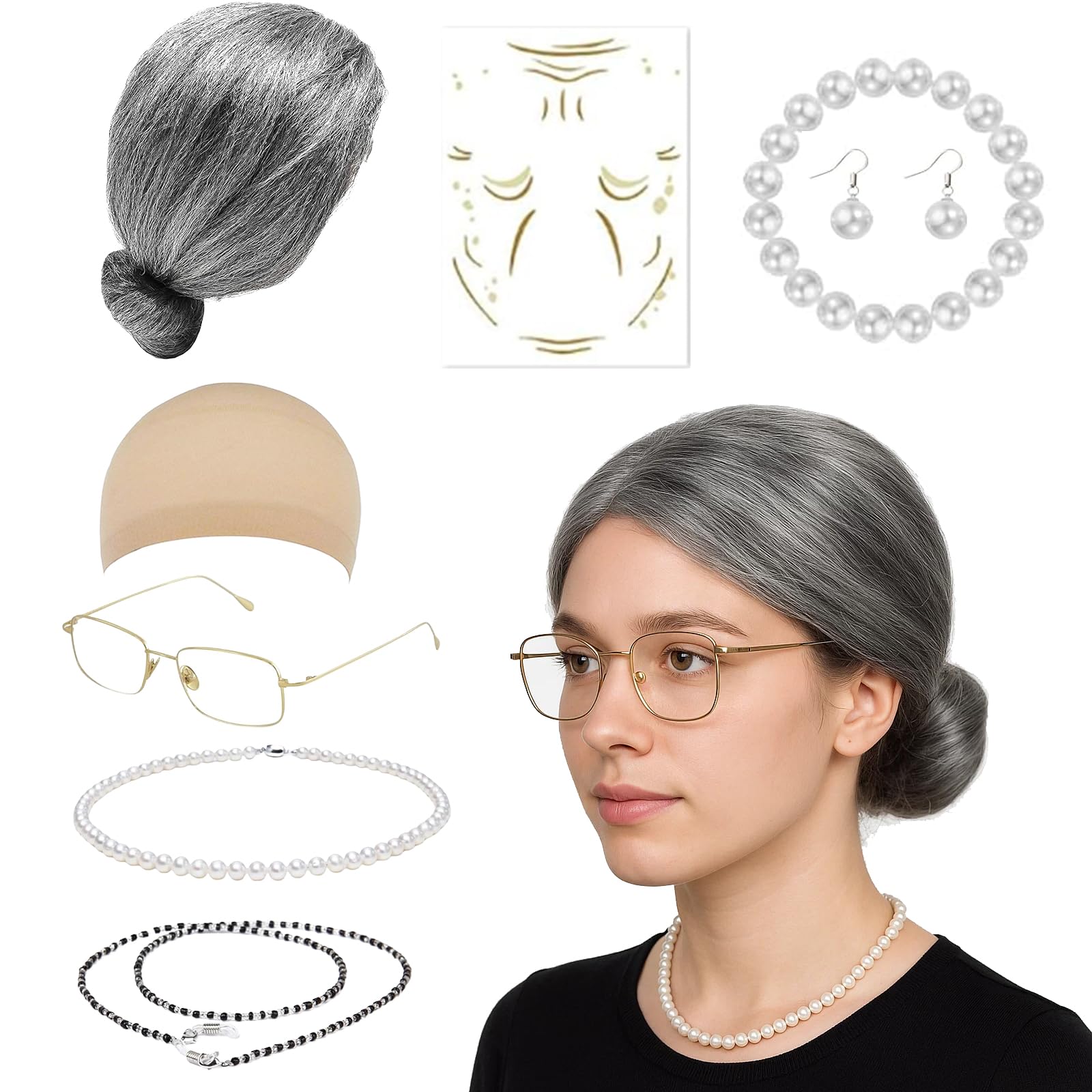 BFSYRR Old Lady Fancy Dress, 9PCS Granny Costume Set including Grey Wig, Pearl Necklace, Bracelet, Earrings, Glasses