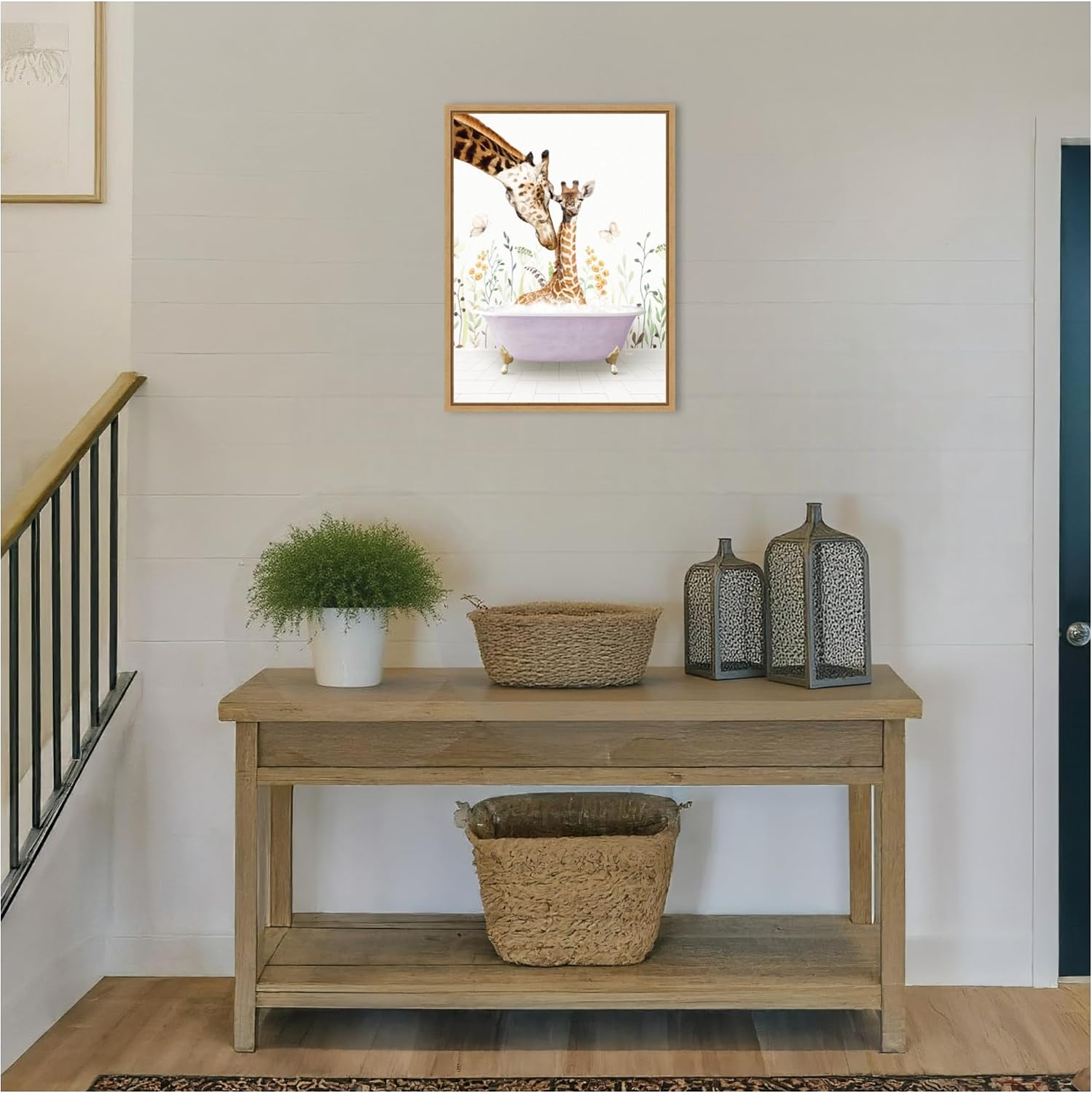Kate and Laurel Mother and Baby Giraffe in Spring Bathtub Framed Canvas Wall Art by Amy Peterson 18 x 24 Sylvie Natural, Whimsical, Animals, Bathroom, Humor, Nature Art for Wall Decor, Living Room,