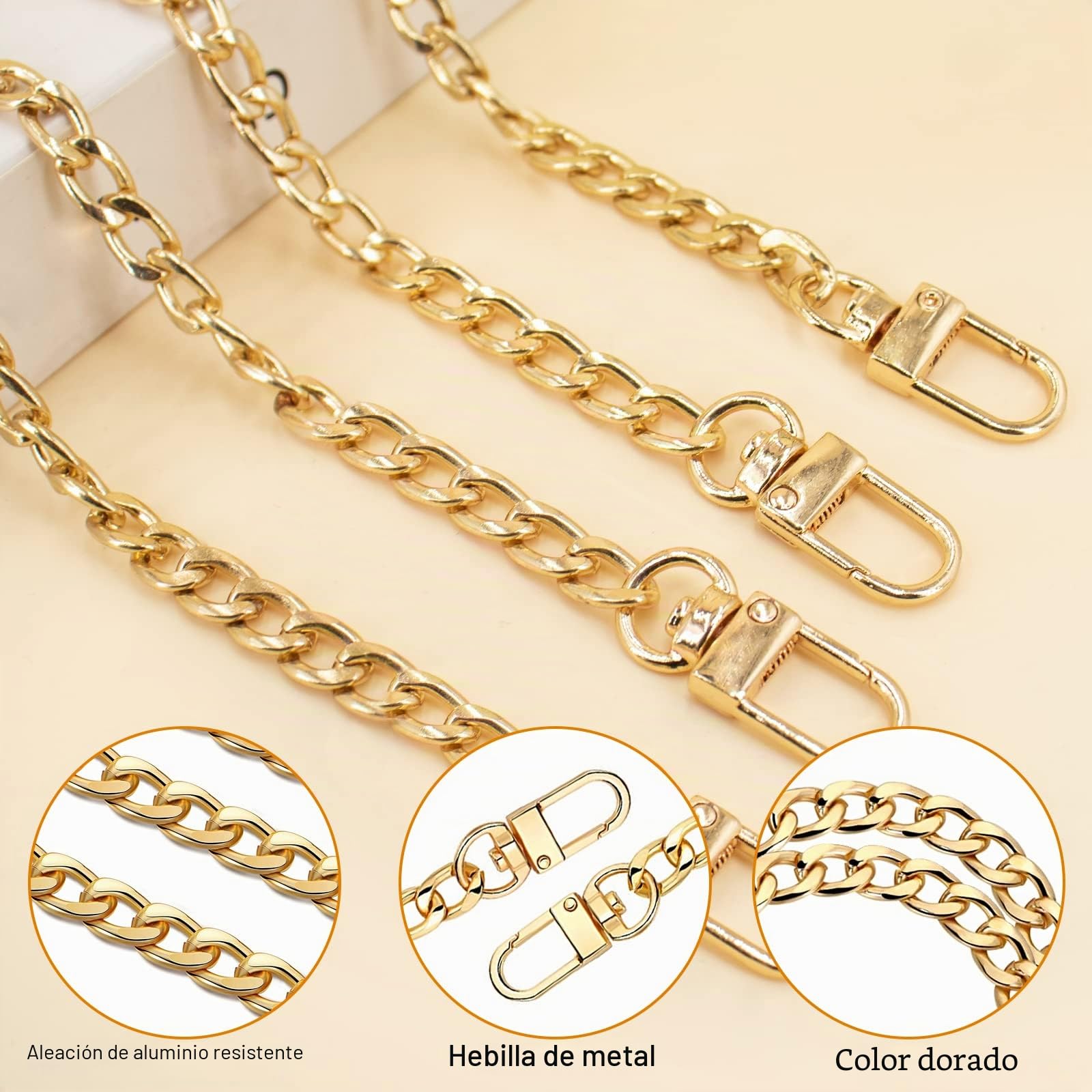 4 Piezas Cadena para Bolso Set, Cadenas de Metal Correas de Hombro en Oro, Bolsa de Hombro de Cadena de Repuesto (40cm, 60cm, 100cm, 120cm) Correa de Cadena de Repuesto para Bolsos de Mano y Hombro