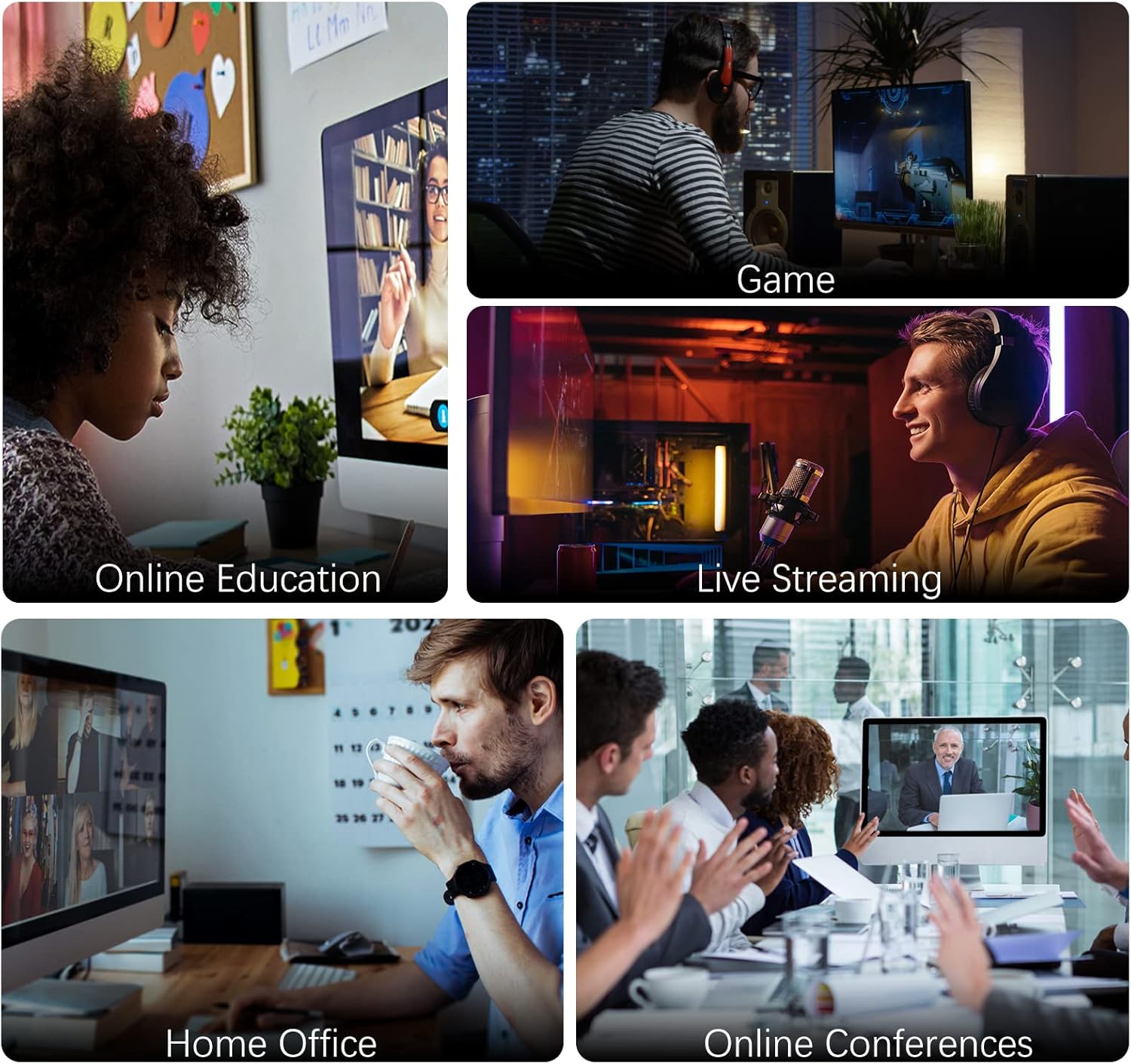 Collage of various usage scenarios for the MINISFORUM EliteMini TH80, including online education, gaming, live streaming, home office, and online conferences.