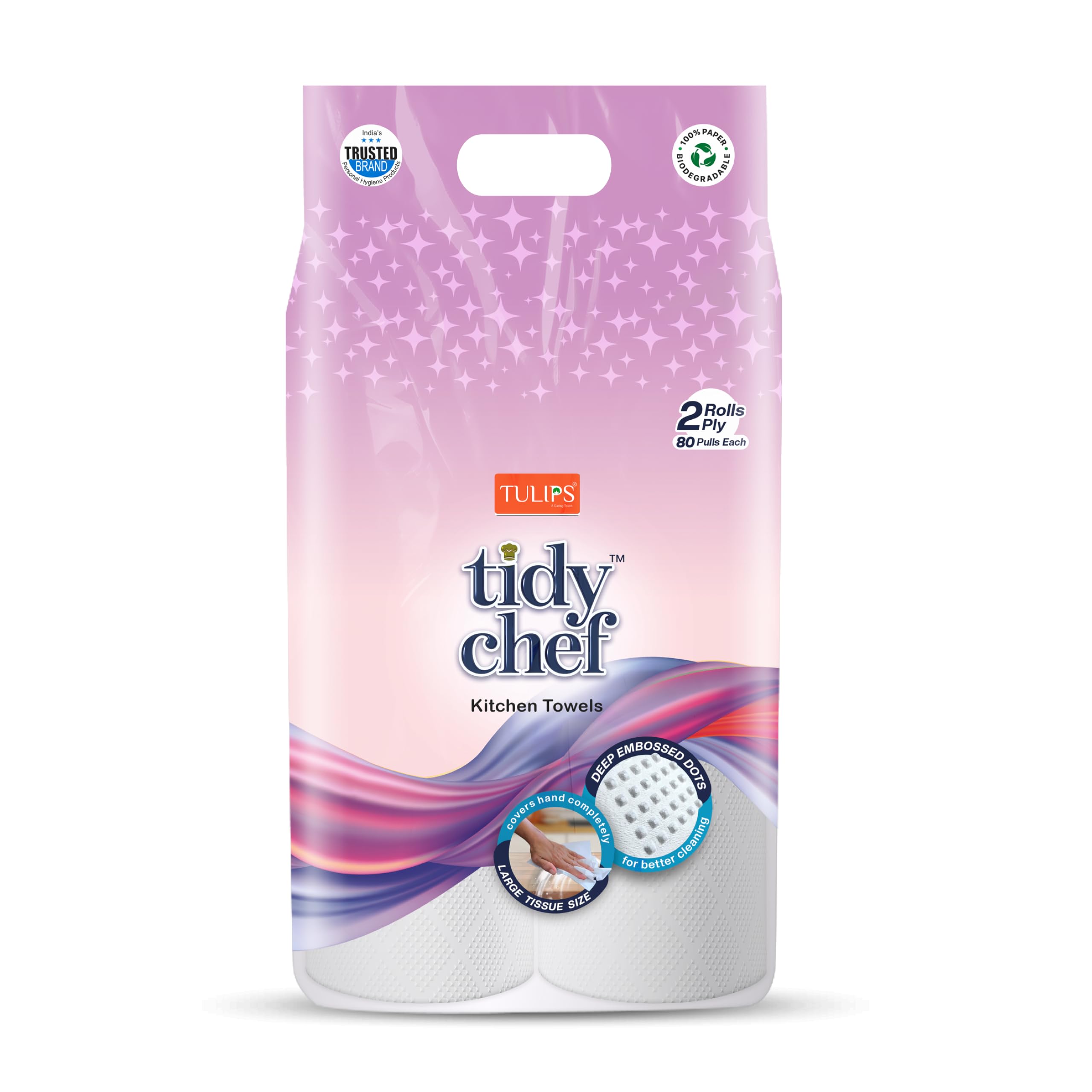 Tulips Tidy Chef Kitchen Paper Towels - 2-Ply, 80 Pulls x 2 Rolls | Deep Embossed for Superior Absorbency | Easy Clean Tear- Durable & Hygienic Kitchen Roll (Pack of 1)-image-23