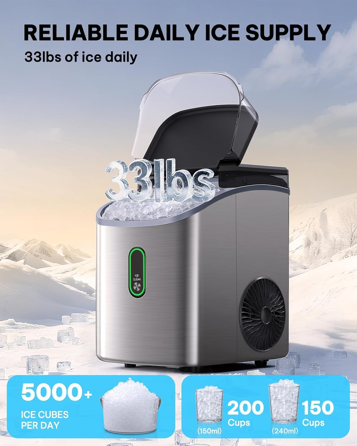 Silonn Nugget Ice Maker Countertop-Soft Chewable Pebble Ice Machine With One-Click Operation & Self-Cleaning Function, 33lbs Ice Per 24 Hours, Stainless Steel Design For Home, Kitchen & Bar on Fridge.com - View 3