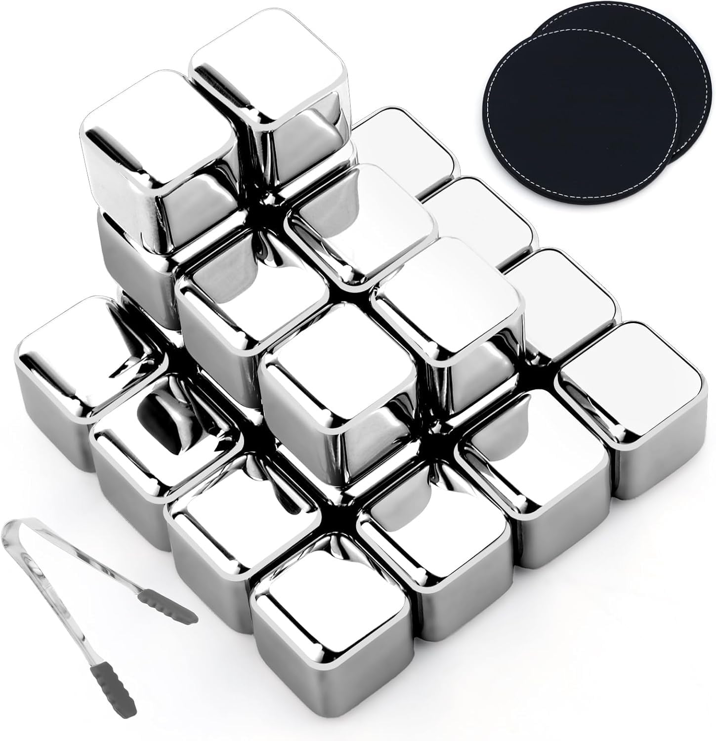Kinmsito 24 Stück Edelstahl Eiswürfel, wiederverwendbare Kühlsteine, mit Zange, 2 Untersetzer, Handtuch, 6 Boxen, für Whisky, Wein, Gin, Tonic, Cocktails, Likör
