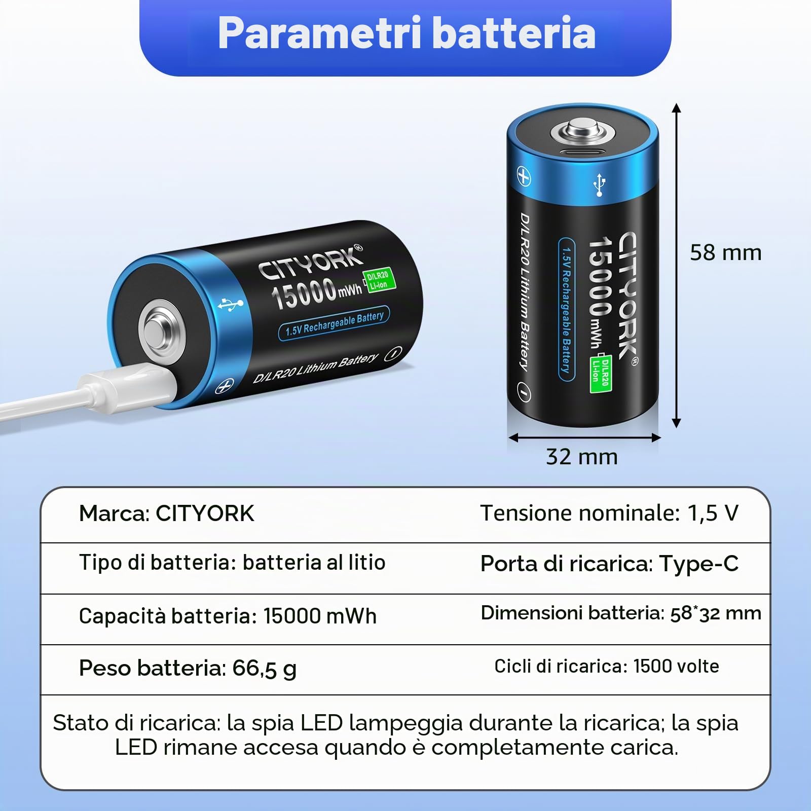 CITYORK Batteria USB D da 15000 mWh da 1,5 V, ricaricabile con cavo di ricarica USB-C (8 pezzi), batteria USB D ricaricabile agli ioni di litio, batterie Mono D LR20, oltre 1000 cicli e riciclabile,