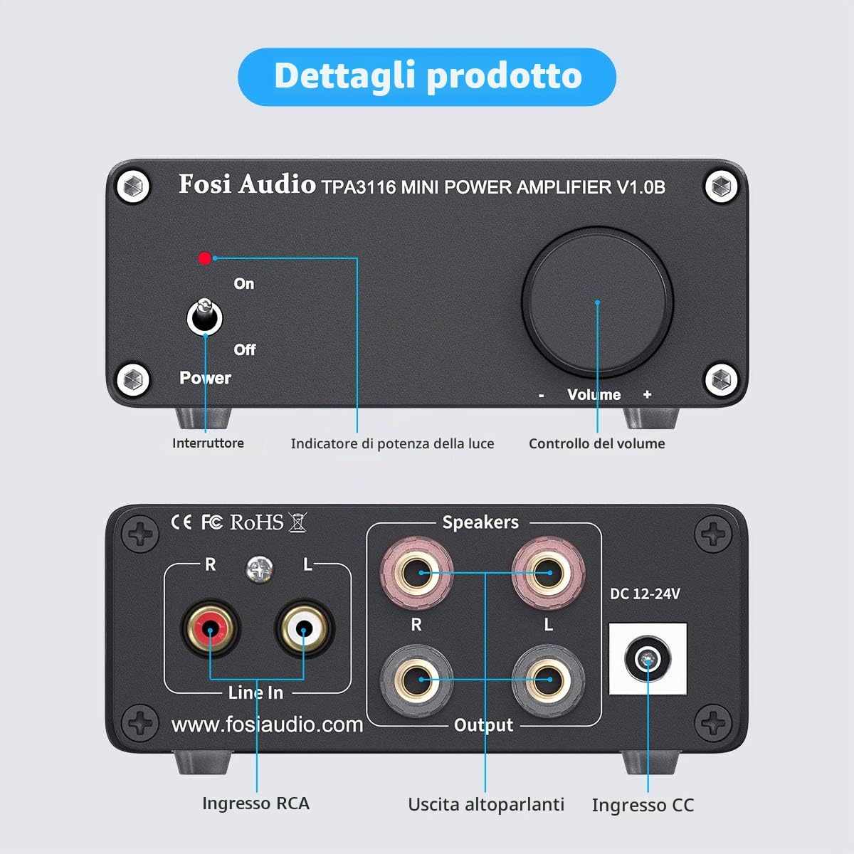 Fosi Audio V1.0B Compatto Amplificatore Audio, Chip TI TPA3116D2, 50Wx2, Mini Amplificatore HiFi Stereo, 2.0 Canali Class D Integrato, Stile Retrò anni '70 e '80, per Sistema HiFi, Diffusori Passivi