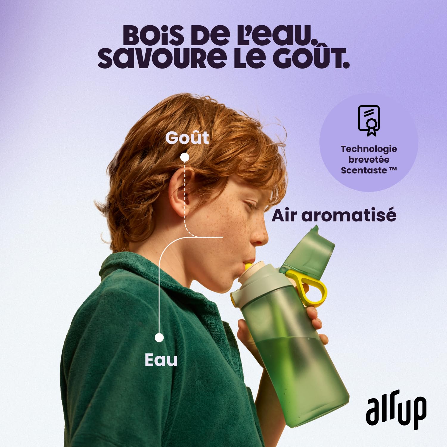 AIR UP® Botella de agua Click Squid Purple Original Starter Set Cantimplora Botella Gym con cápsulas en 5 sabores | Botella de 600 ml con sabor sin azúcar | Apto para lavavajillas, sin BPA