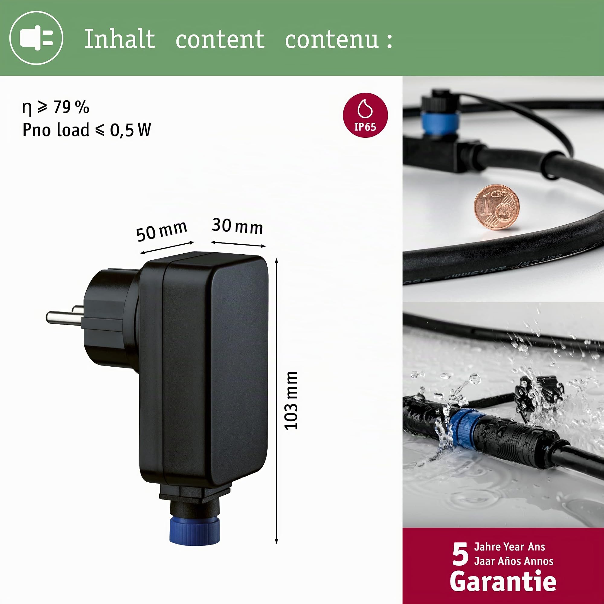 Paulmann 98848 Outdoor Plug & Shine Ip44 230/24 V Dc Nero Plastica 988.48 Trasformatore Esterno Luci Power Supply, Plastica, 21 W, 5 x 3 x 10.4 cm