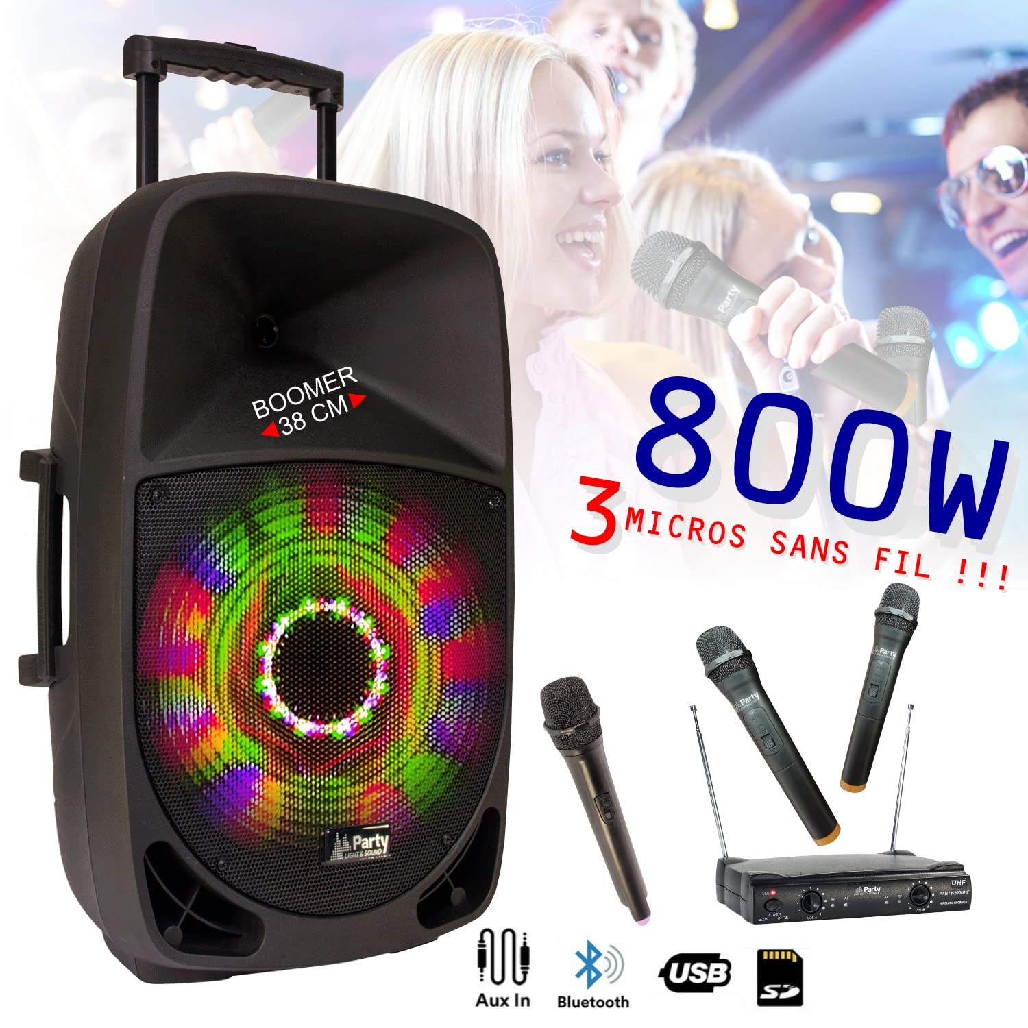 Przenośny głośnik Karaoke PARTY15LED 800W USB Bluetooth Tuner - 3 mikrofony bezprzewodowe - mowy - Szkoła - Kurs tańca