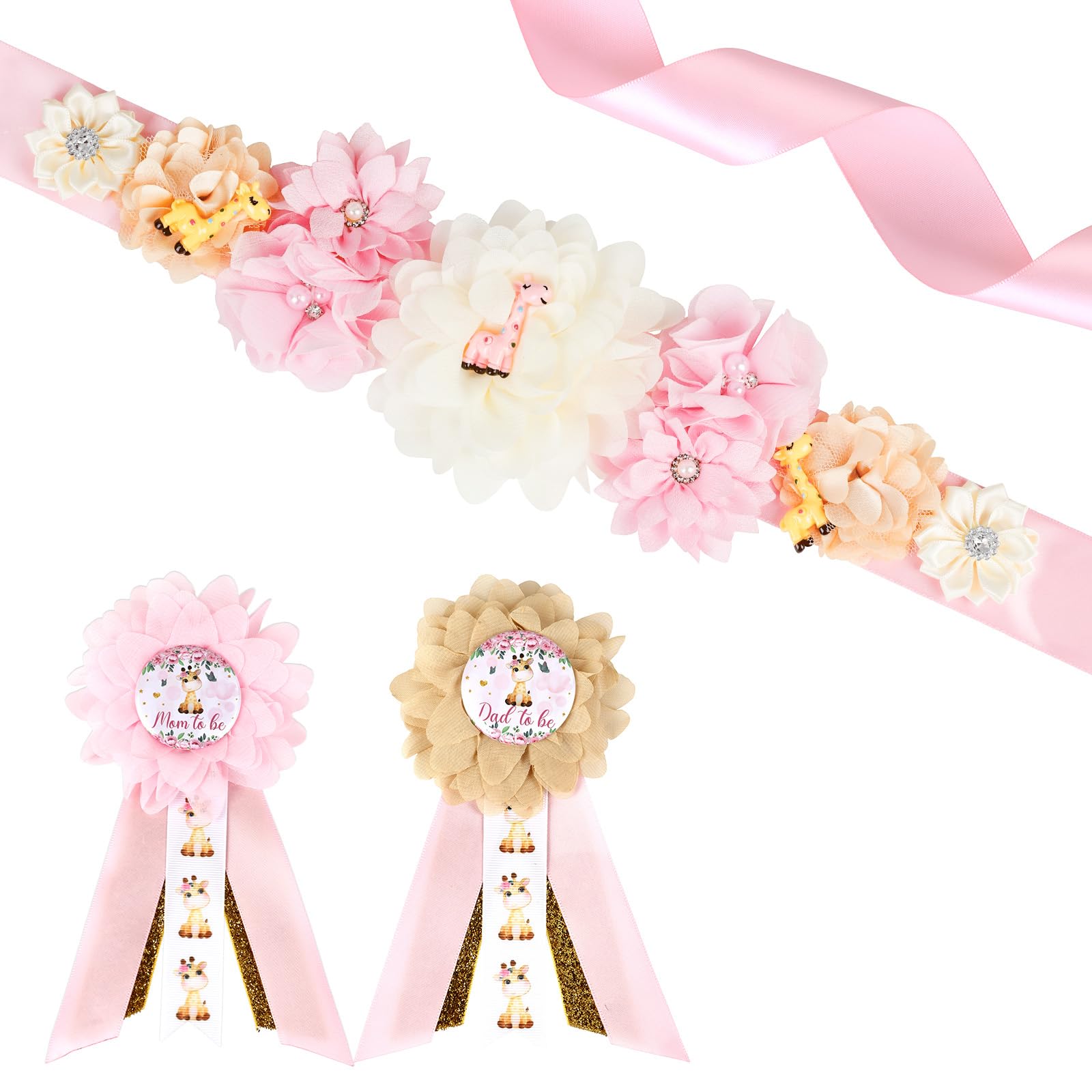JOYMEMO Pink Giraffe Theme Baby Shower Maternity Sash Kit, Giraffe Baby Shower Belly Belt and Mom to Be & Dad to Be Corsage Pins, Pregnancy New