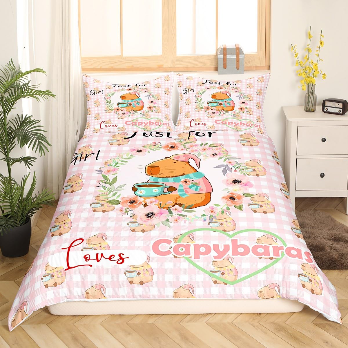Homewish Lustige Capybaras Bettwäsche Set Geschenke für Capybara Liebhaber, Niedliche Cartoon Capybara Druck Bettbezug Bauernhaus Wild Tier Capybaras Bettwäsche Botanische Blumen Bettbezug 155x220