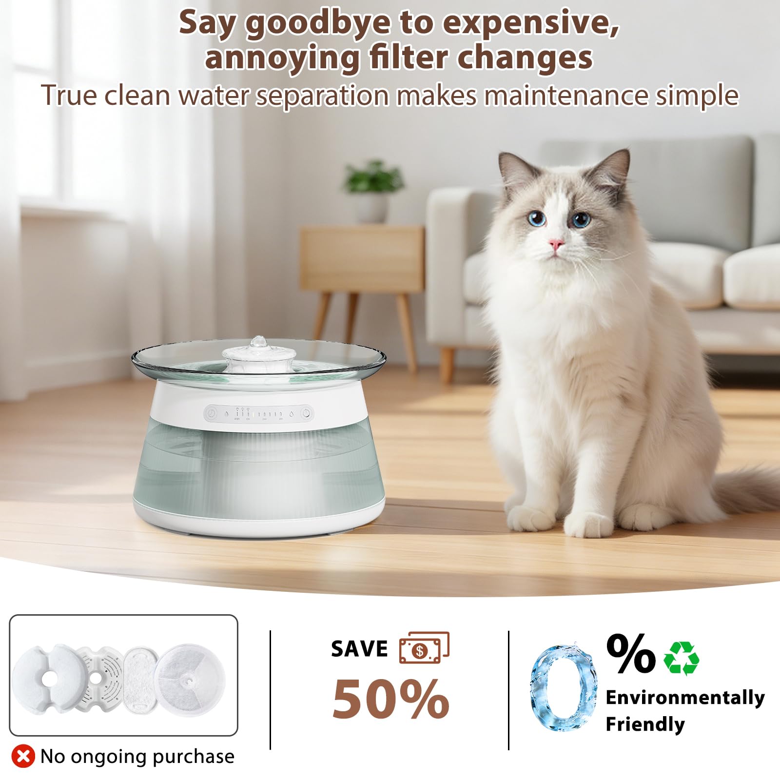 Fuente de agua inteligente de vidrio para gatos, fuente de agua inalámbrica sin filtro, no necesita filtro, dispensador de agua inalámbrico ultra silencioso para mascotas para interiores