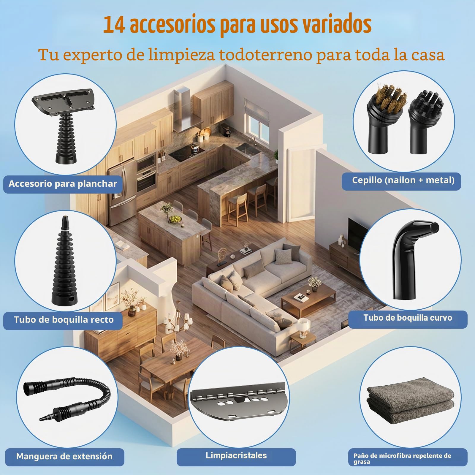 Limpiador a vapor, limpiador de vapor de mano para el hogar multiusos con accesorios de 14 piezas, 3 bares de presión de vapor 350 ml, 1200 W, limpiador de vapor sin químicos, limpieza de