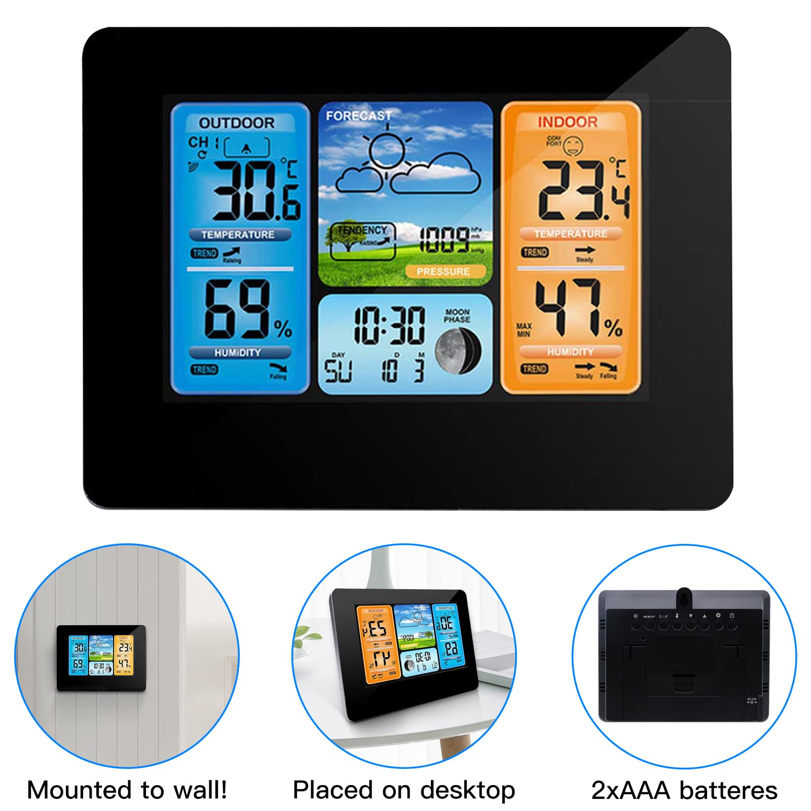 Binnan Stazione Meteorologica Wireless Termometro Interno ED Esterno Stazione Meteo Wireless Digital Colour Forecast Stazione Meteo, Orologio DCF, Display A Colori