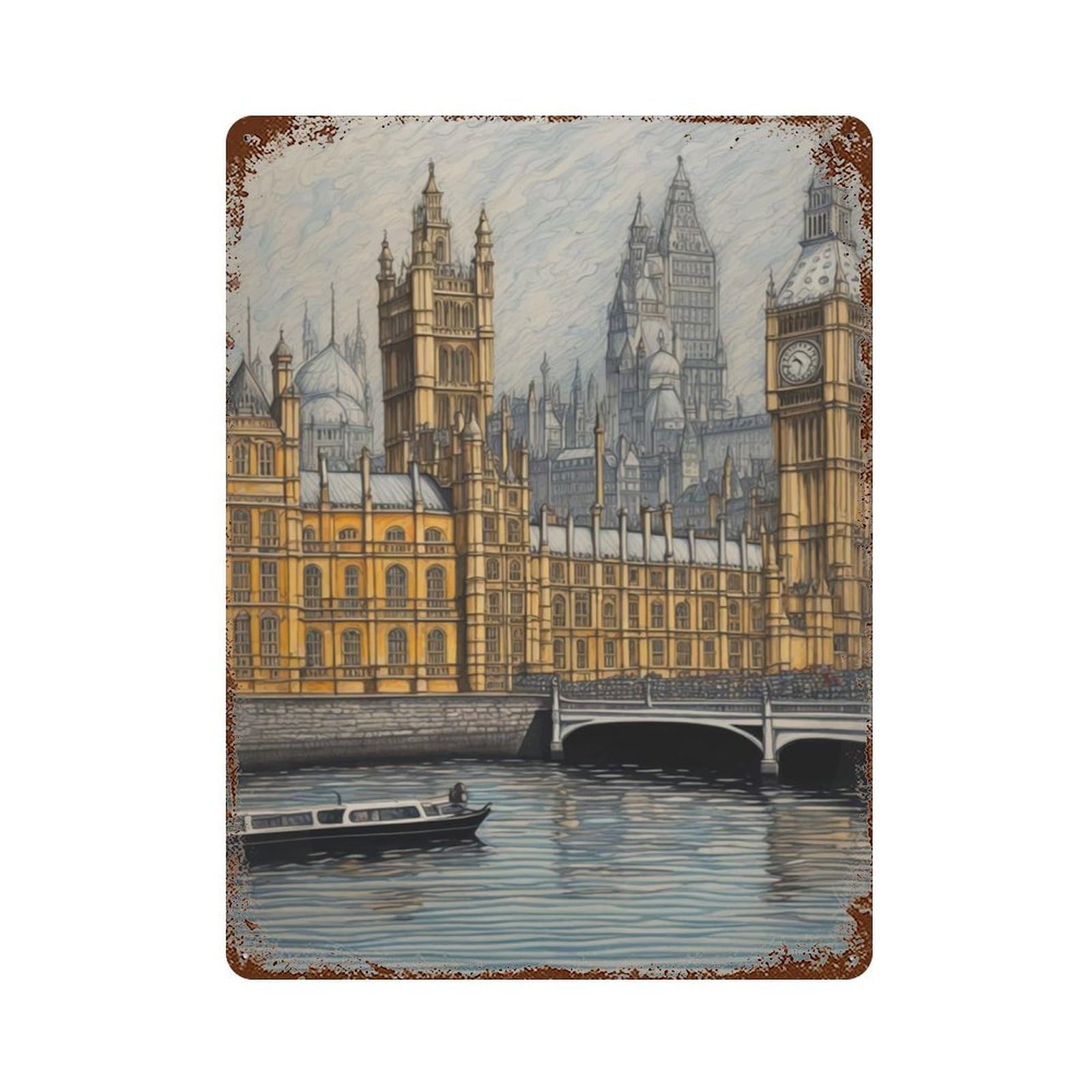 Distressed Metal Wall Sign with London in Pencil Design 15.7"x11.8", for Office, Studio And Wall Decor, Industrial Home Decor