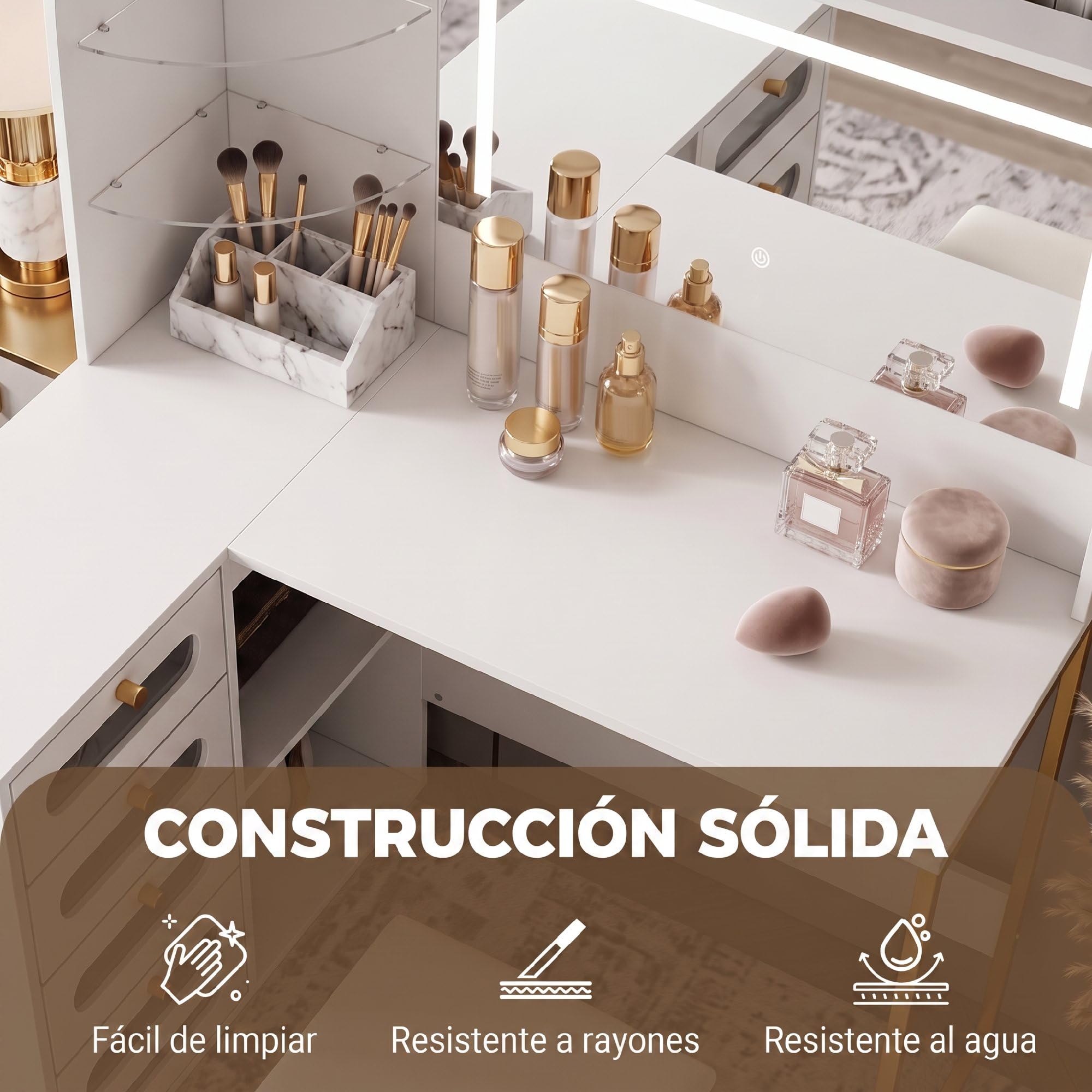 HOMCOM Tocador de Maquillaje con Espejo LED Regulables Taburete Blanco
