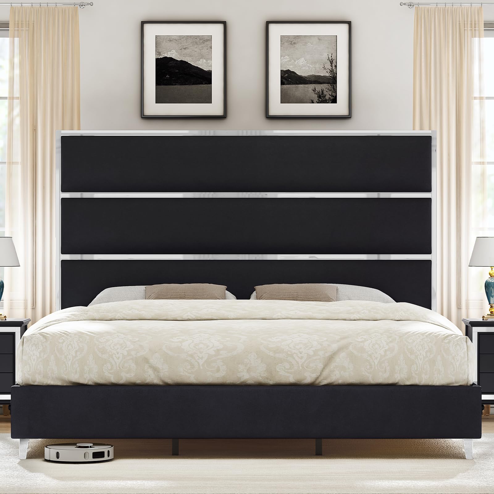 AMERLIFE King Bed Frame with 59" Tall Headboard, Velvet Platform Bed Upholstered with Mirrored Silver Plating/Wood Slats/No Box Spring Needed/Black