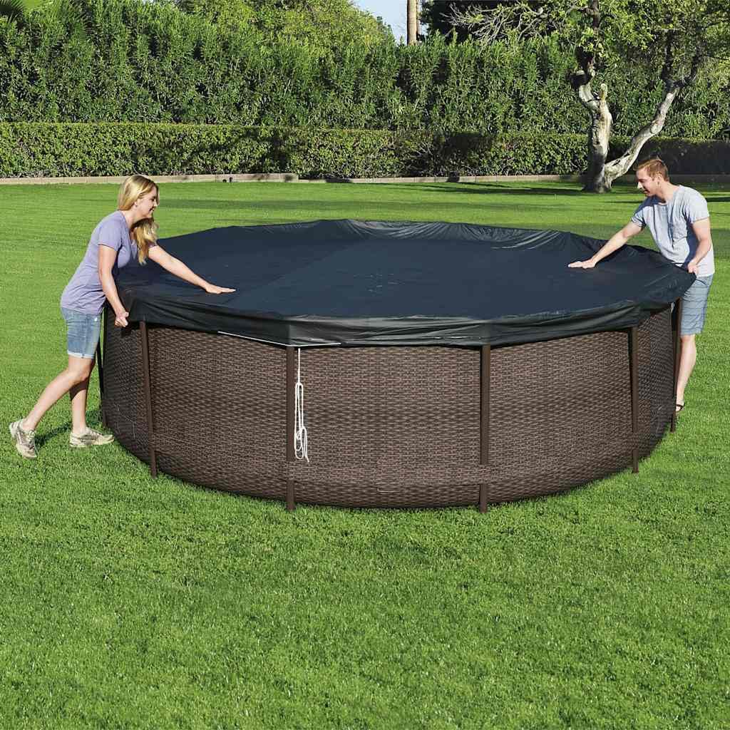Couverture de Piscine Hors Sol 366 cm en PVC Anthracite avec Cordes et Trous de vidange pour Protection Contre Feuilles débris algues réduction des coûts d'entretien adaptée aux modèles