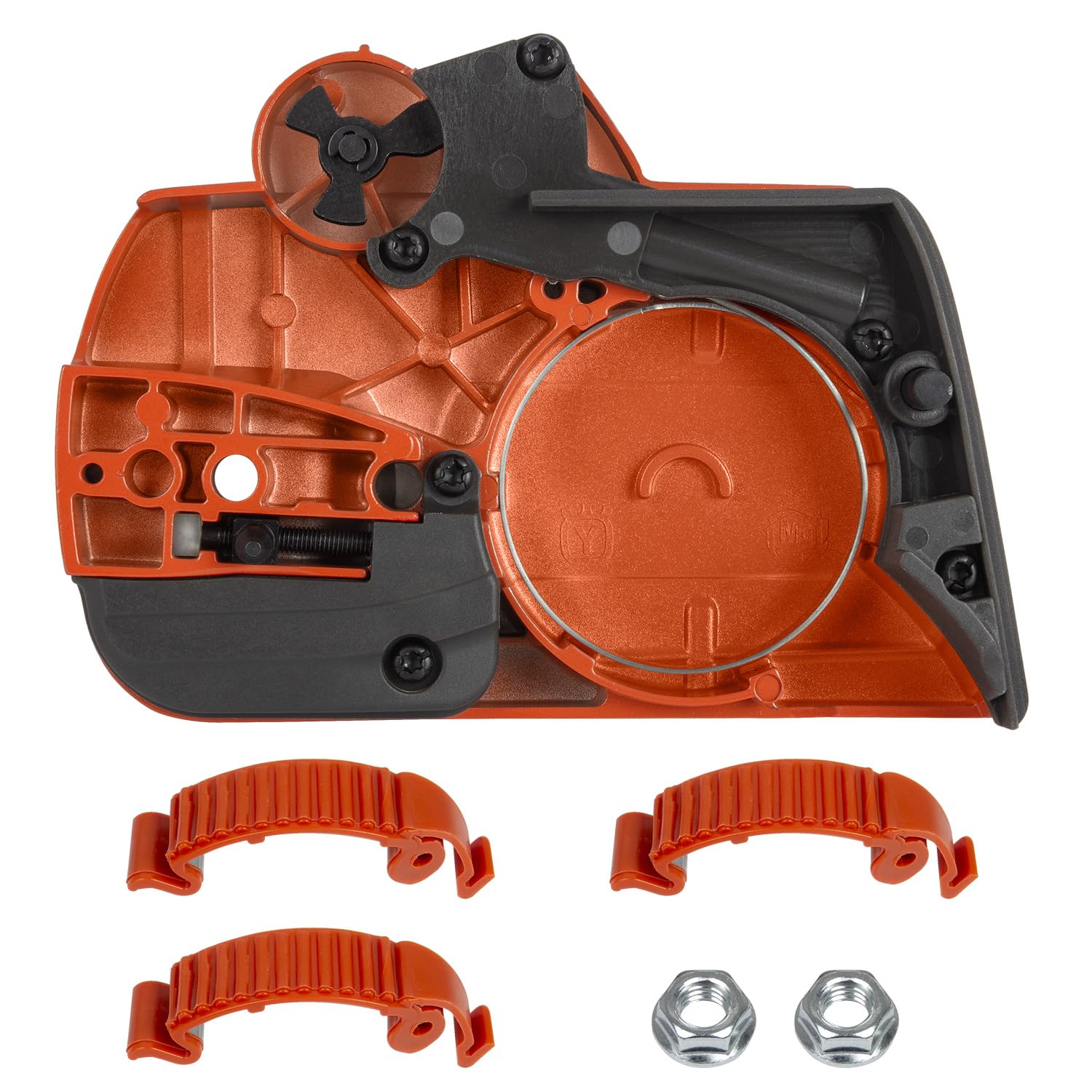 Conjunto de cubierta de embrague de freno de cadena compatible con motosierra Husqvarna 135 140 435 440 E II, incluye clips a presión y tuercas de barra, sustituye a 501388203 536329204 501388201